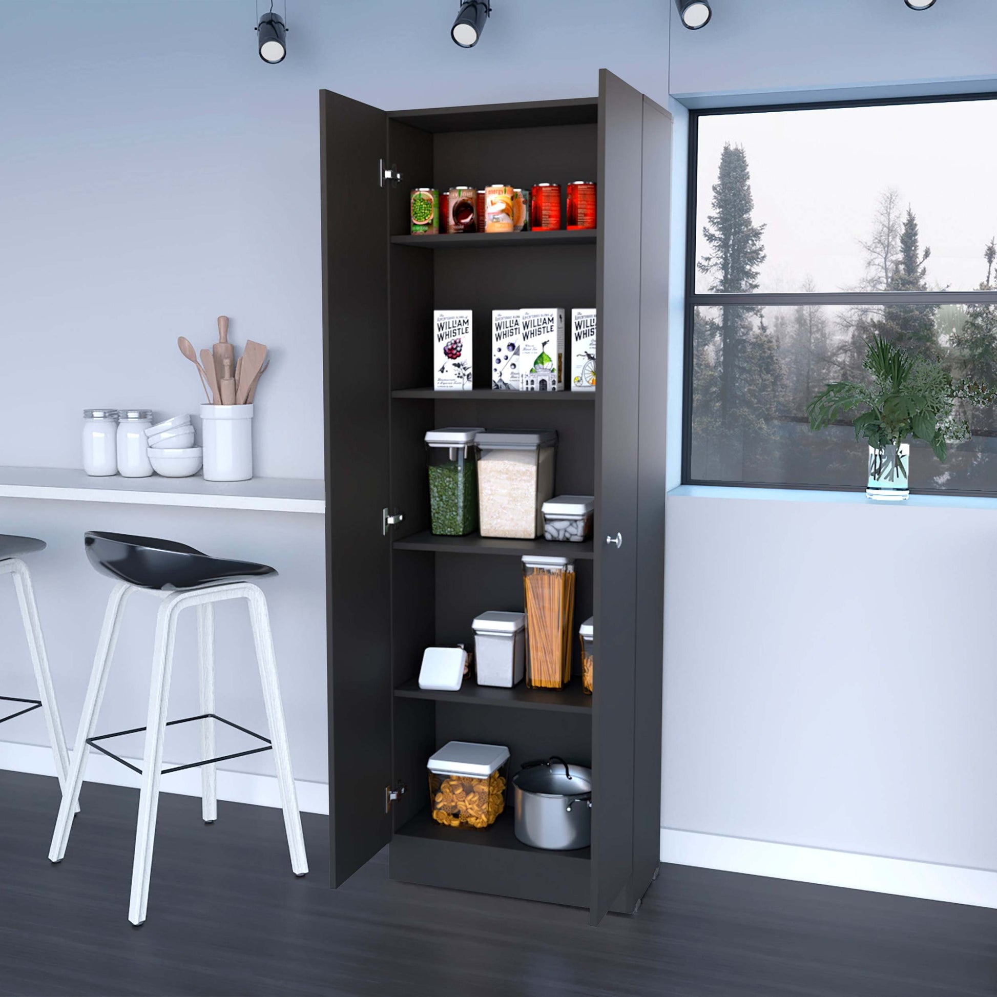 Virginia Double Door Storage Cabinet, Five Shelves Black Mdf Engineered Wood