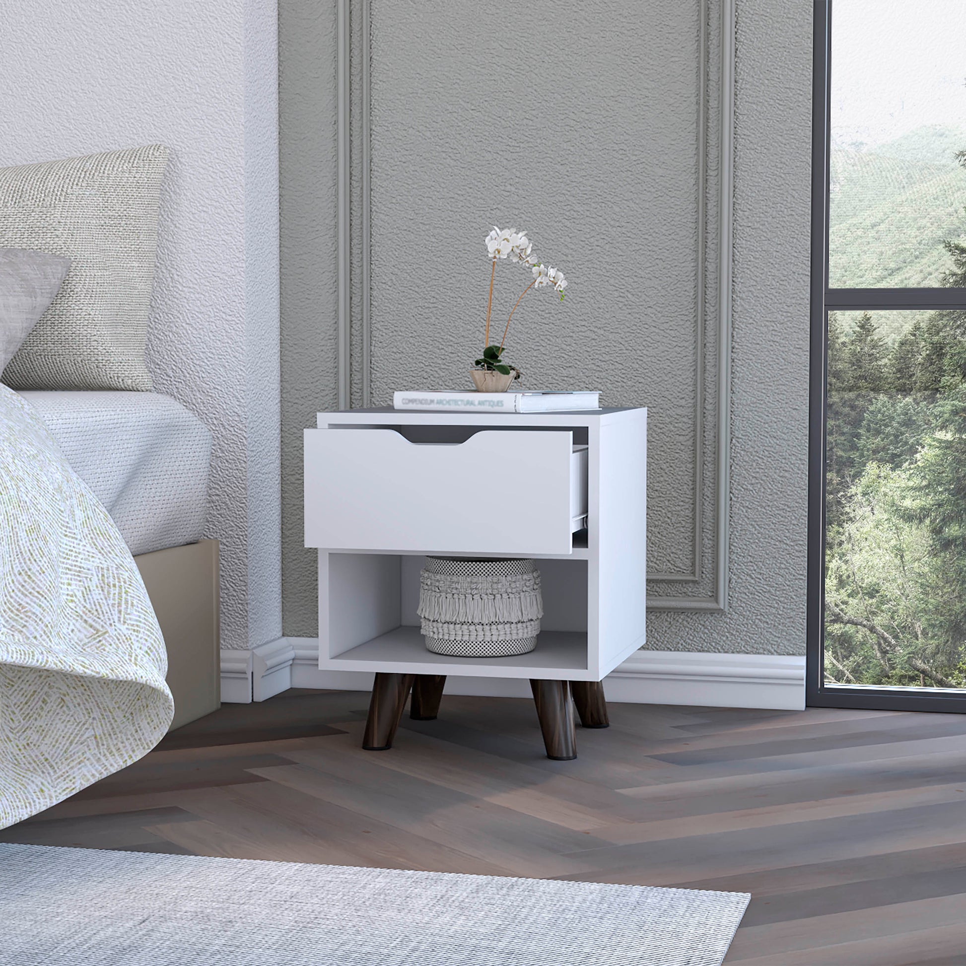 Carthage Nightstand With 1 Drawer, 1 Open Storage Shelf And Wooden Legs White Mdf Engineered Wood