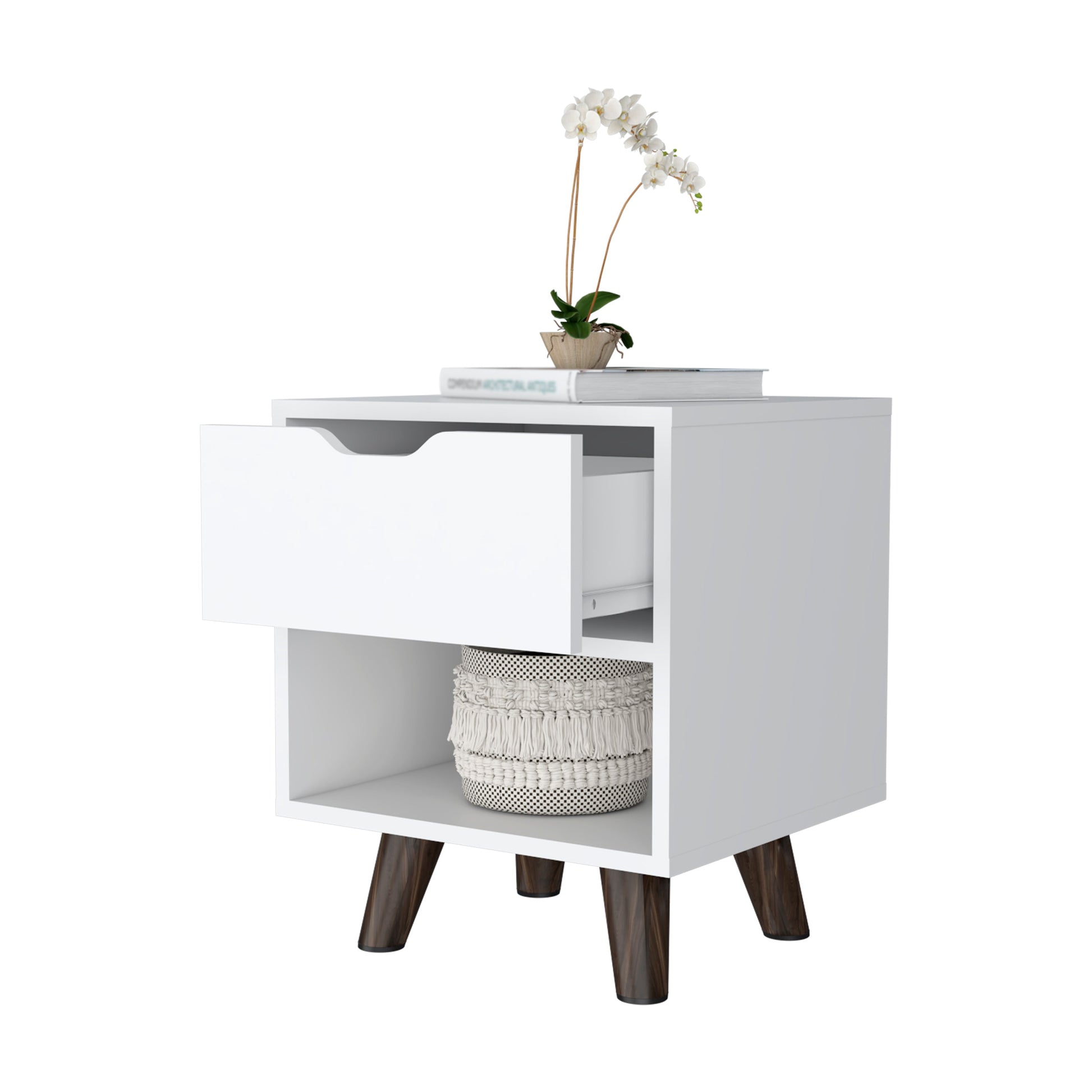 Carthage Nightstand With 1 Drawer, 1 Open Storage Shelf And Wooden Legs White Mdf Engineered Wood