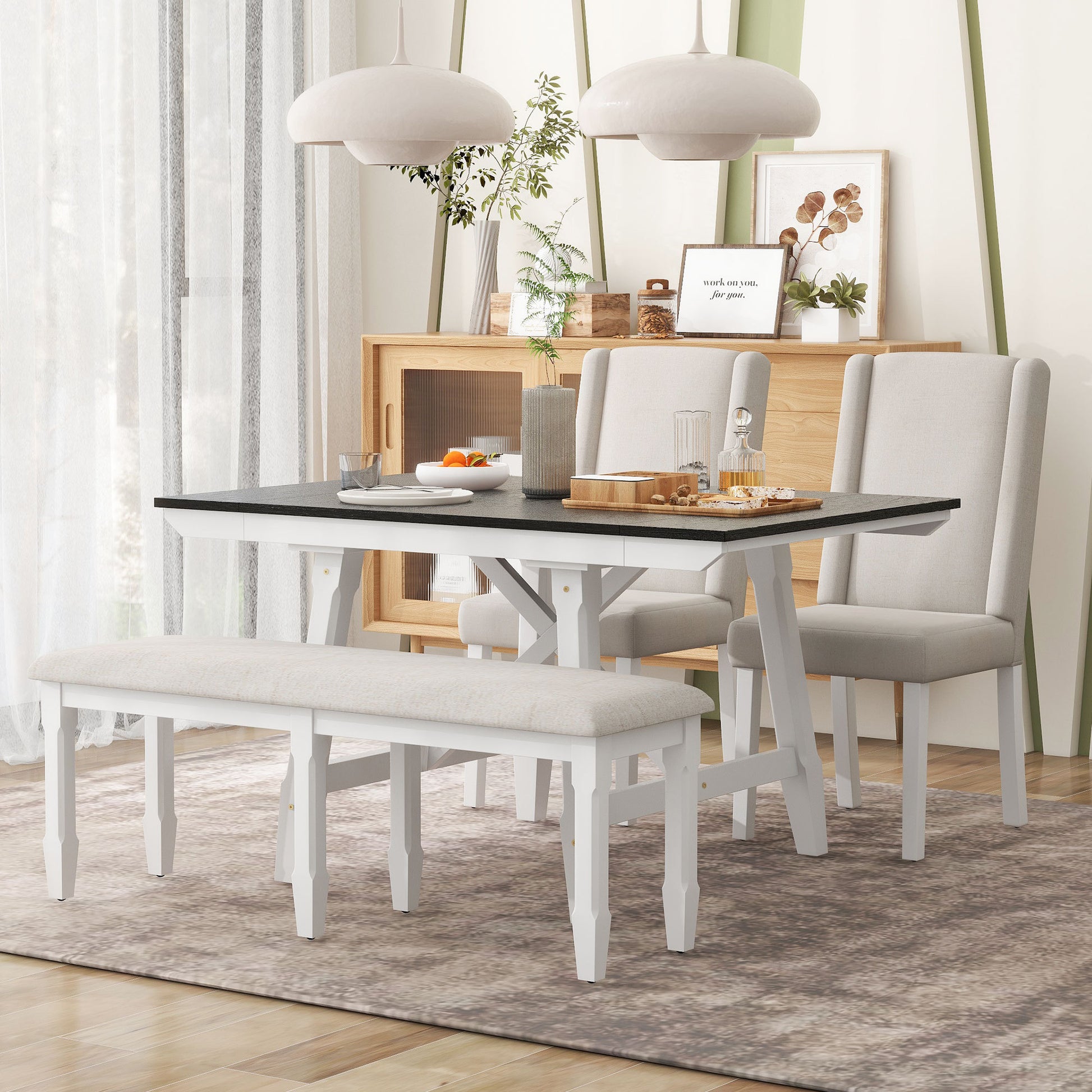 6 Piece Classic Dining Table Set, Rectangular Extendable Dining Table With Two 12"W Removable Leaves And 4 Upholstered Chairs & 1 Bench For Dining Room White Black White Black Solid Wood