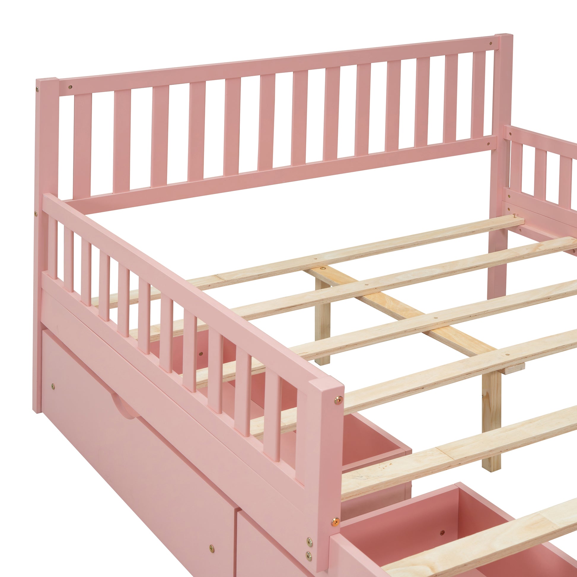Full Size Wood Platform Bed With Guardrails On Both Sides And Two Storage Drawers ,Pink Full Pink Wood