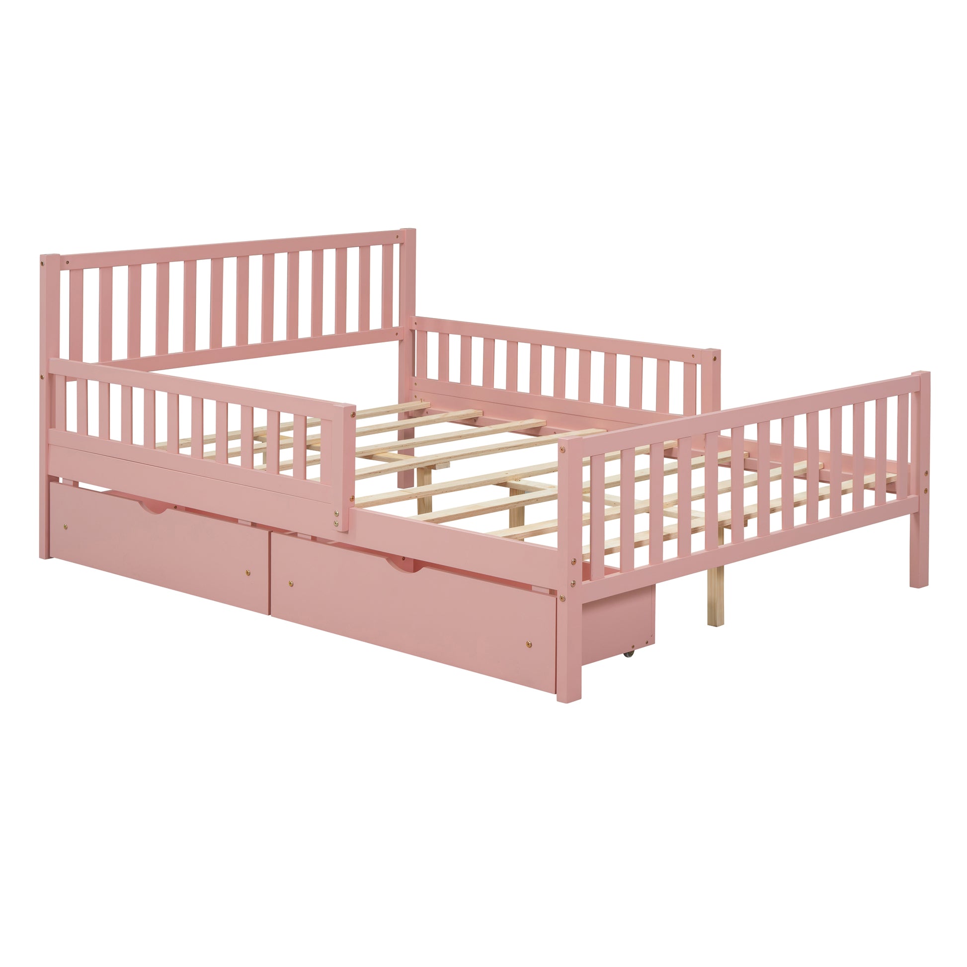 Full Size Wood Platform Bed With Guardrails On Both Sides And Two Storage Drawers ,Pink Full Pink Wood
