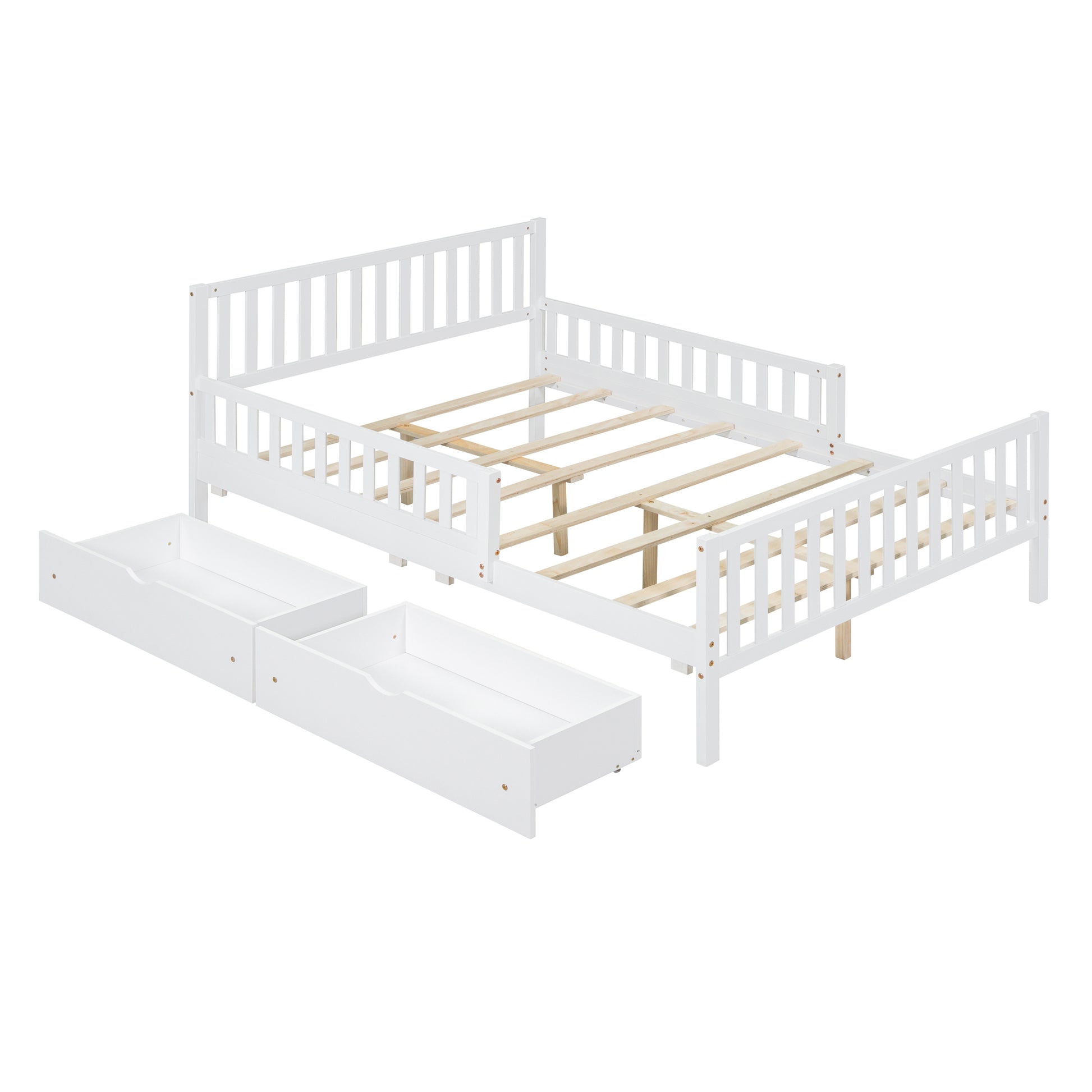 Full Size Wood Platform Bed With Guardrails On Both Sides And Two Storage Drawers ,White Full White Wood