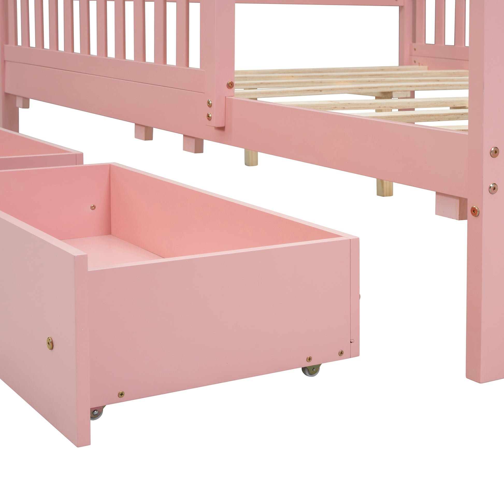 Full Size Wood Platform Bed With Guardrails On Both Sides And Two Storage Drawers ,Pink Full Pink Wood