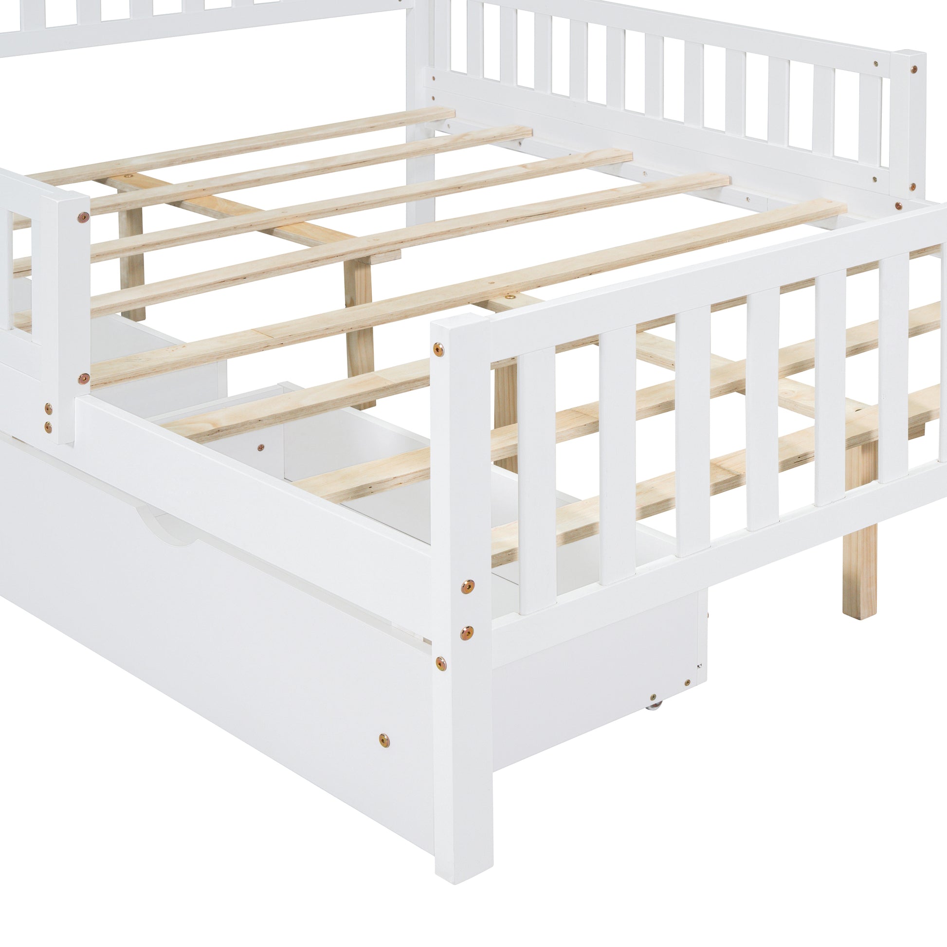 Full Size Wood Platform Bed With Guardrails On Both Sides And Two Storage Drawers ,White Full White Wood