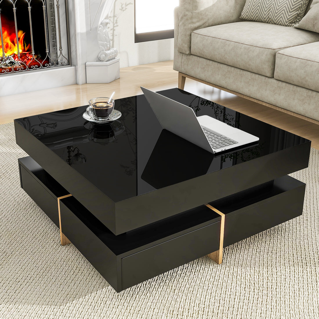 Modern High Gloss Coffee Table With 4 Drawers, Multi Storage Square Cocktail Tea Table With Wood Grain Legs, Center Table For Living Room, 31.5''X31.5'', Black Black Primary Living Space Drawers Particle Board