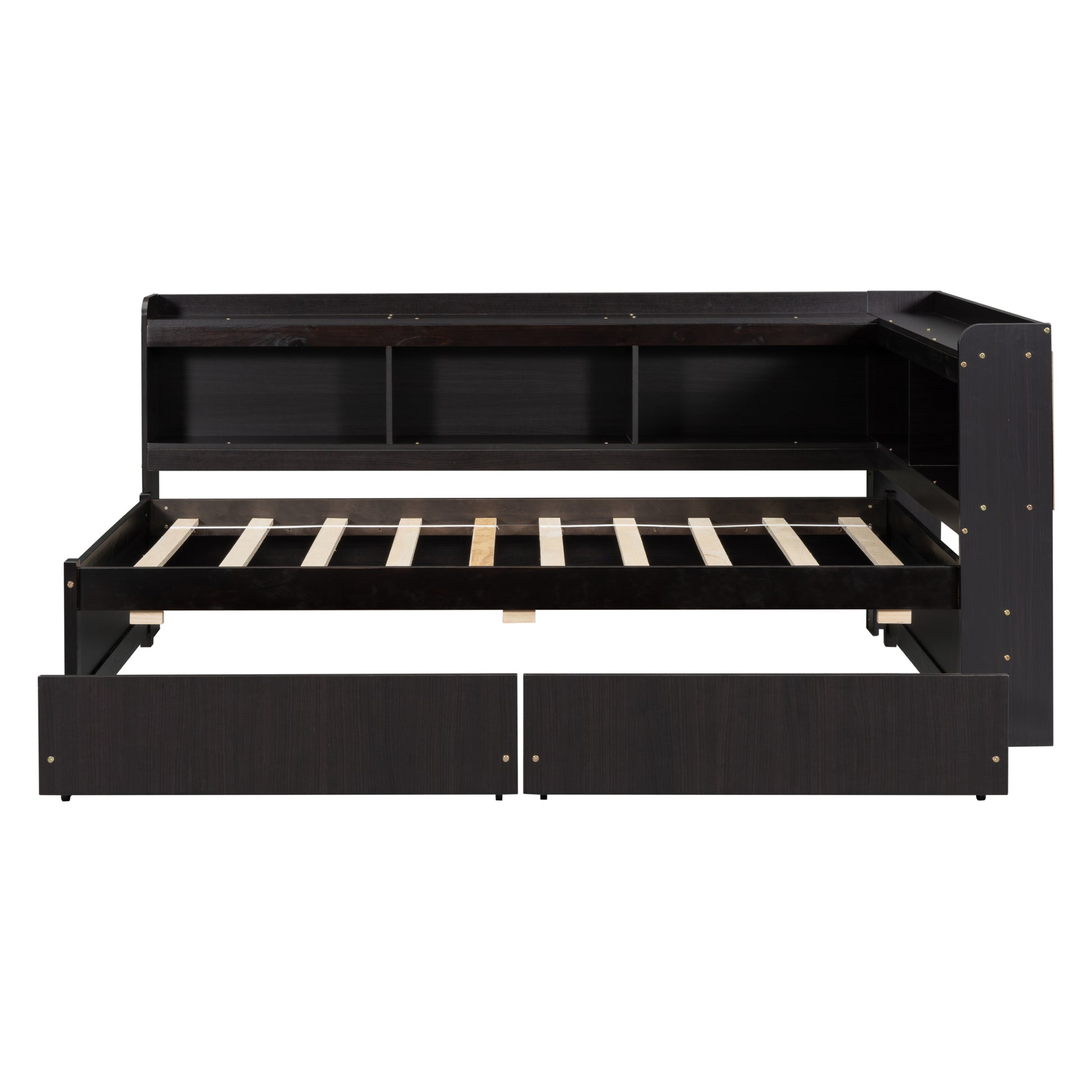 Twin Bed With L Shaped Bookcases,Drawers,Espresso Twin Espresso Pine