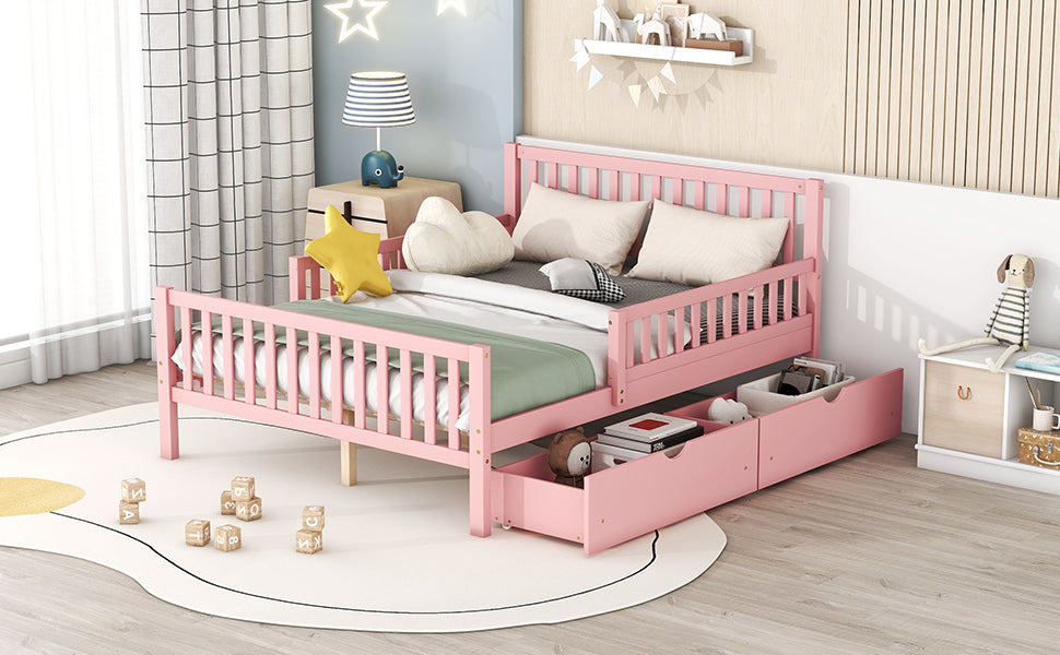 Full Size Wood Platform Bed With Guardrails On Both Sides And Two Storage Drawers ,Pink Full Pink Wood