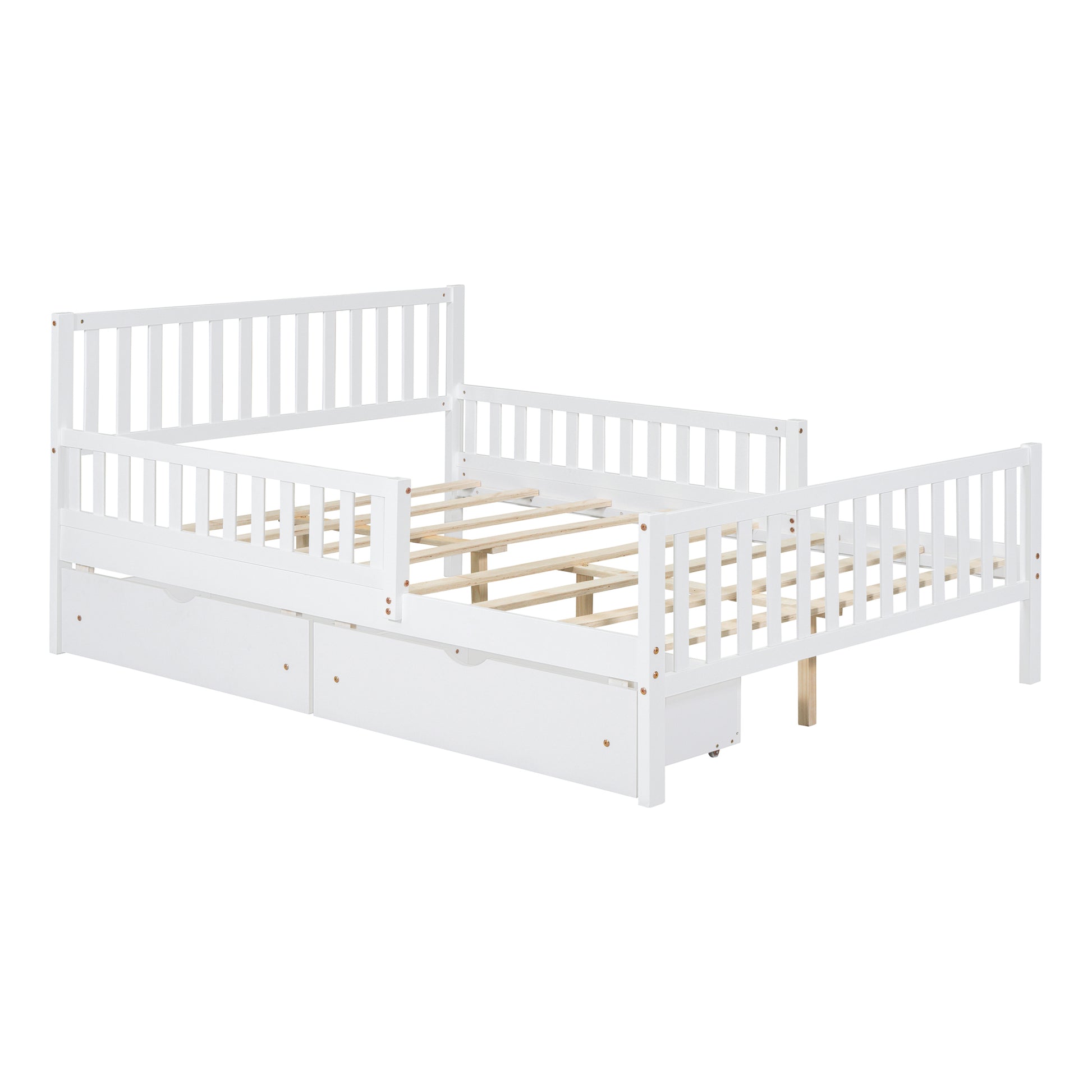 Full Size Wood Platform Bed With Guardrails On Both Sides And Two Storage Drawers ,White Full White Wood