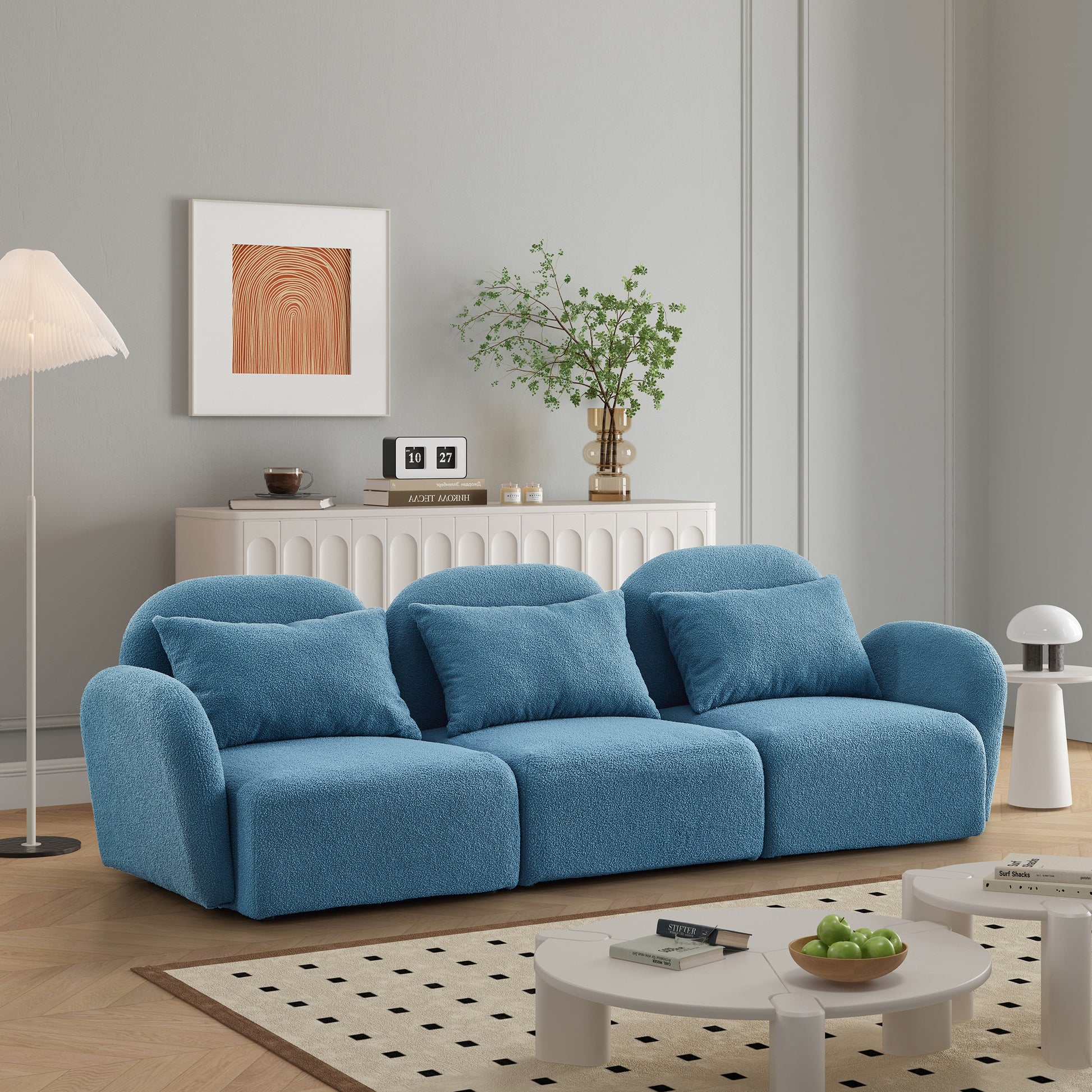 Living Room Furniture Three Seat Lazy Sofa Teddy Fabric Blue Blue Foam Teddy