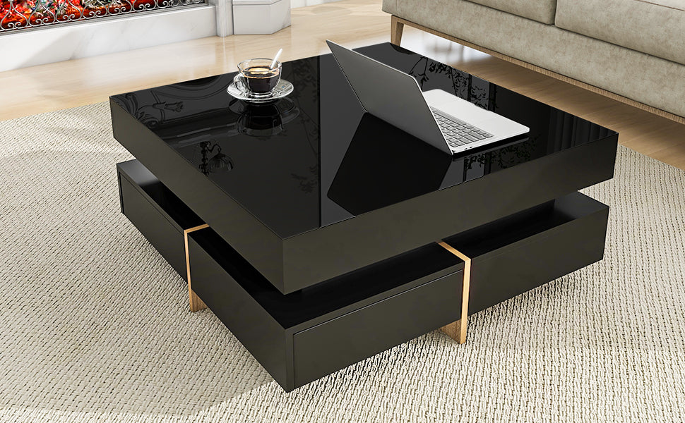 Modern High Gloss Coffee Table With 4 Drawers, Multi Storage Square Cocktail Tea Table With Wood Grain Legs, Center Table For Living Room, 31.5''X31.5'', Black Black Primary Living Space Drawers Particle Board