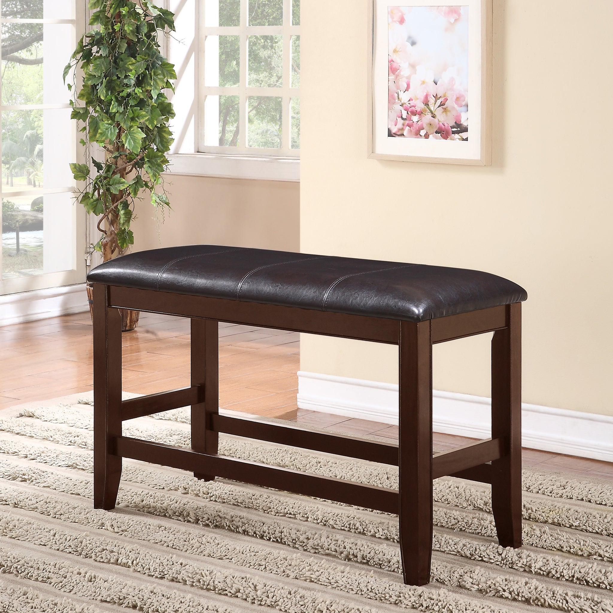Farmhouse Style 1Pc Brown Espresso Counter Height Bench Footrest Faux Leather Upholstered Seat Wooden Furniture Espresso Faux Leather Dining Room Rectangular Brown Contemporary,Transitional Wood