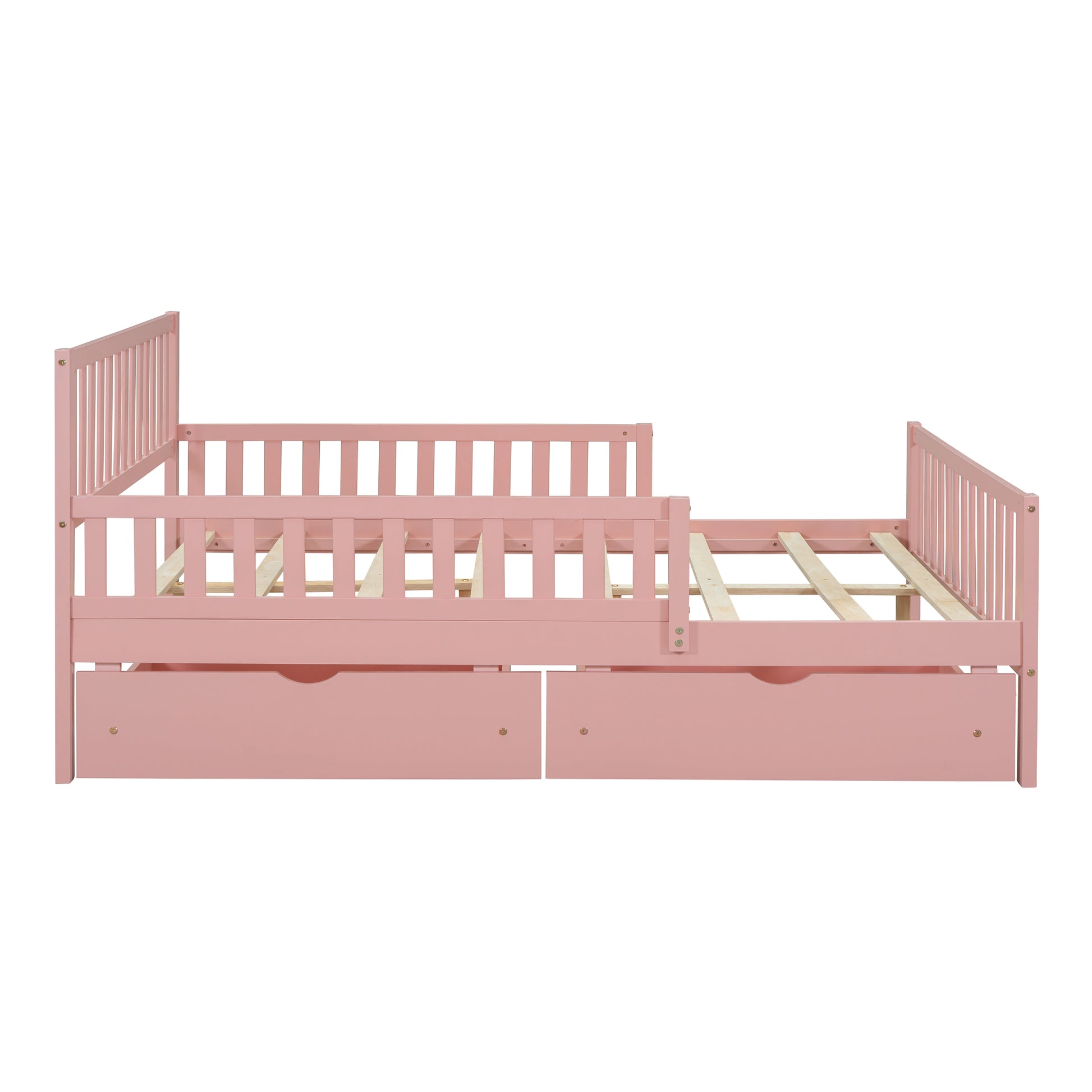 Full Size Wood Platform Bed With Guardrails On Both Sides And Two Storage Drawers ,Pink Full Pink Wood