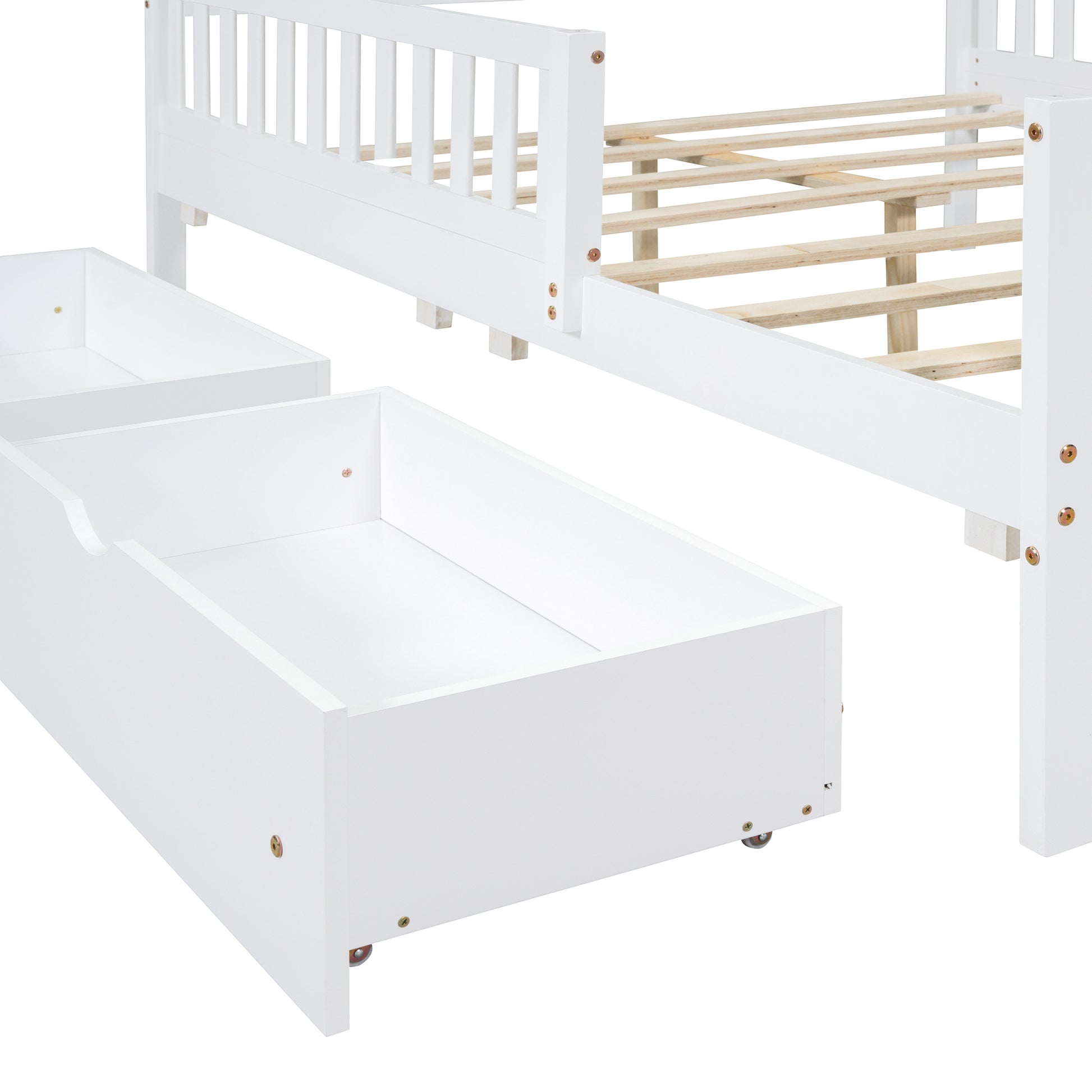 Full Size Wood Platform Bed With Guardrails On Both Sides And Two Storage Drawers ,White Full White Wood