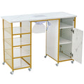 Manicure Table, Marbling Texture Nail Table With Electric Downdraft Vent,Wrist Cushion, Lockable Wheels, Storage Layers & Cabinet,White Gold White Modern Mdf Mdf Metal