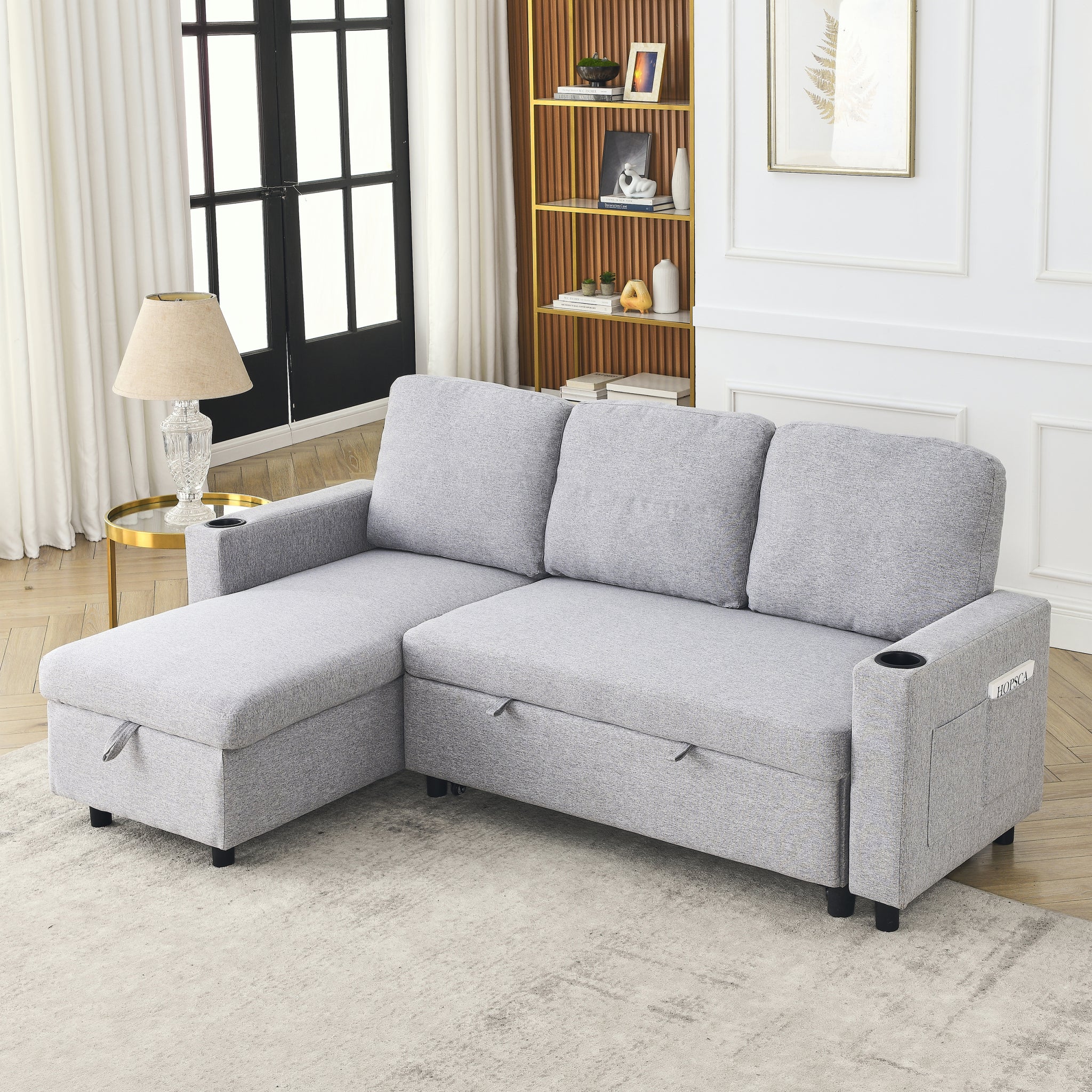 Fx78.7"Comfortable Linen L Shaped Combo Sofa Sofa Bed, Living Room Furniture Sets For Tight Spaces, Reversible Sleeper Combo Sofa With Pullout Bed,Reversible Sofa Bed For Living Room, Office, Apartmen Light Gray Linen Wood Primary Living Space Foam