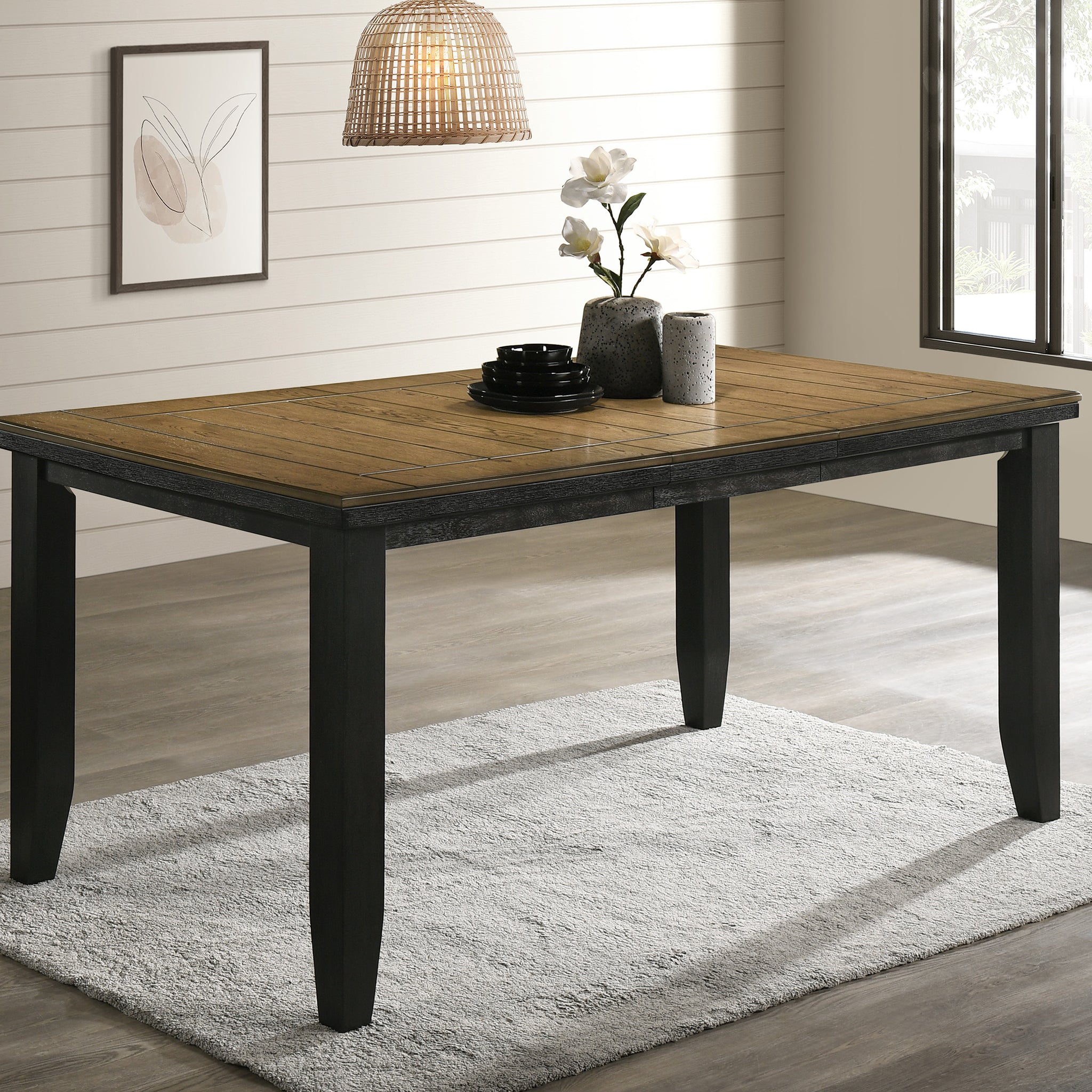1Pc Contemporary Style Dining Rectangular Table With18" Leaf Tapered Block Feet Wheat Charcoal Finish Dining Room Solid Wood Wooden Furniture Charcoal Seats 6 Dining Room Contemporary Rectangular Wood