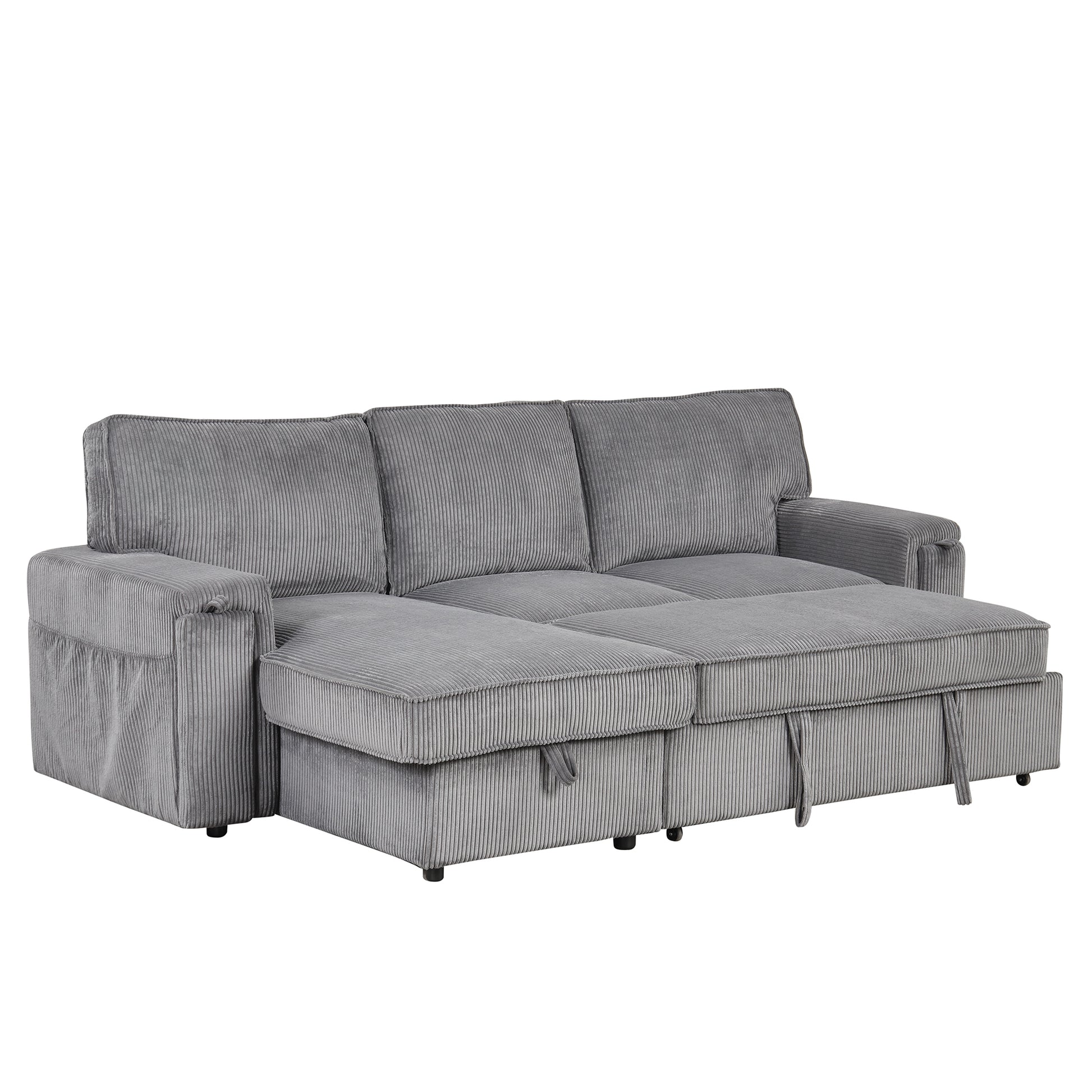 Upholstery Sleeper Sectional Sofa With Storage Bags And 2 Cup Holders On Arms Gray Wood Cushion Back Square Arms Polyester 3 Seat
