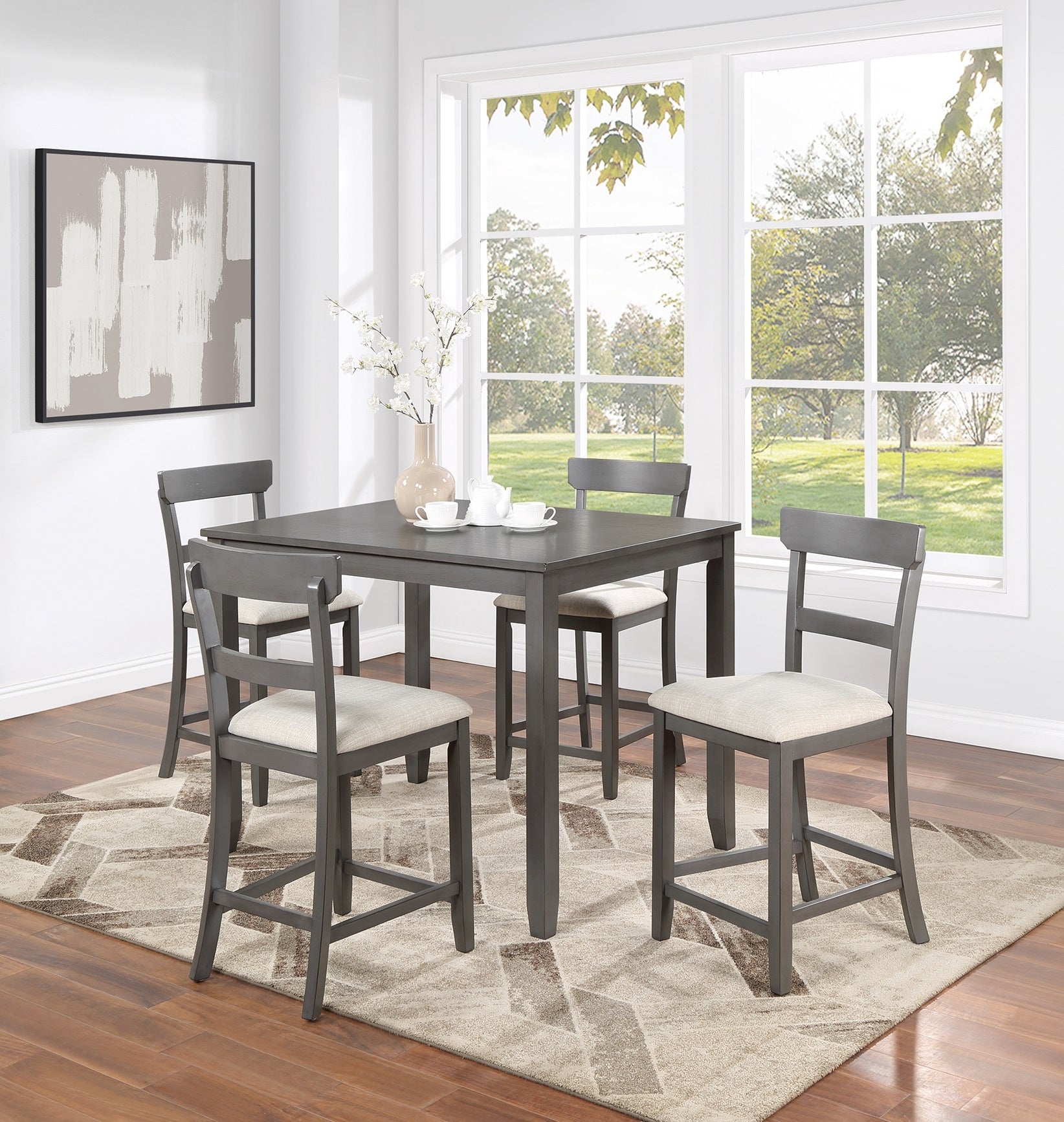 Classic Stylish Gray Natural Finish 5Pc Counter Height Dining Set Kitchen Wooden Top Table And Chairs Cushions Seats Ladder Back Chair Dining Room Gray Wood Dining Room Rectangular Dining Table With Chair Upholstered Chair Wood Natural Grey Ladder Back