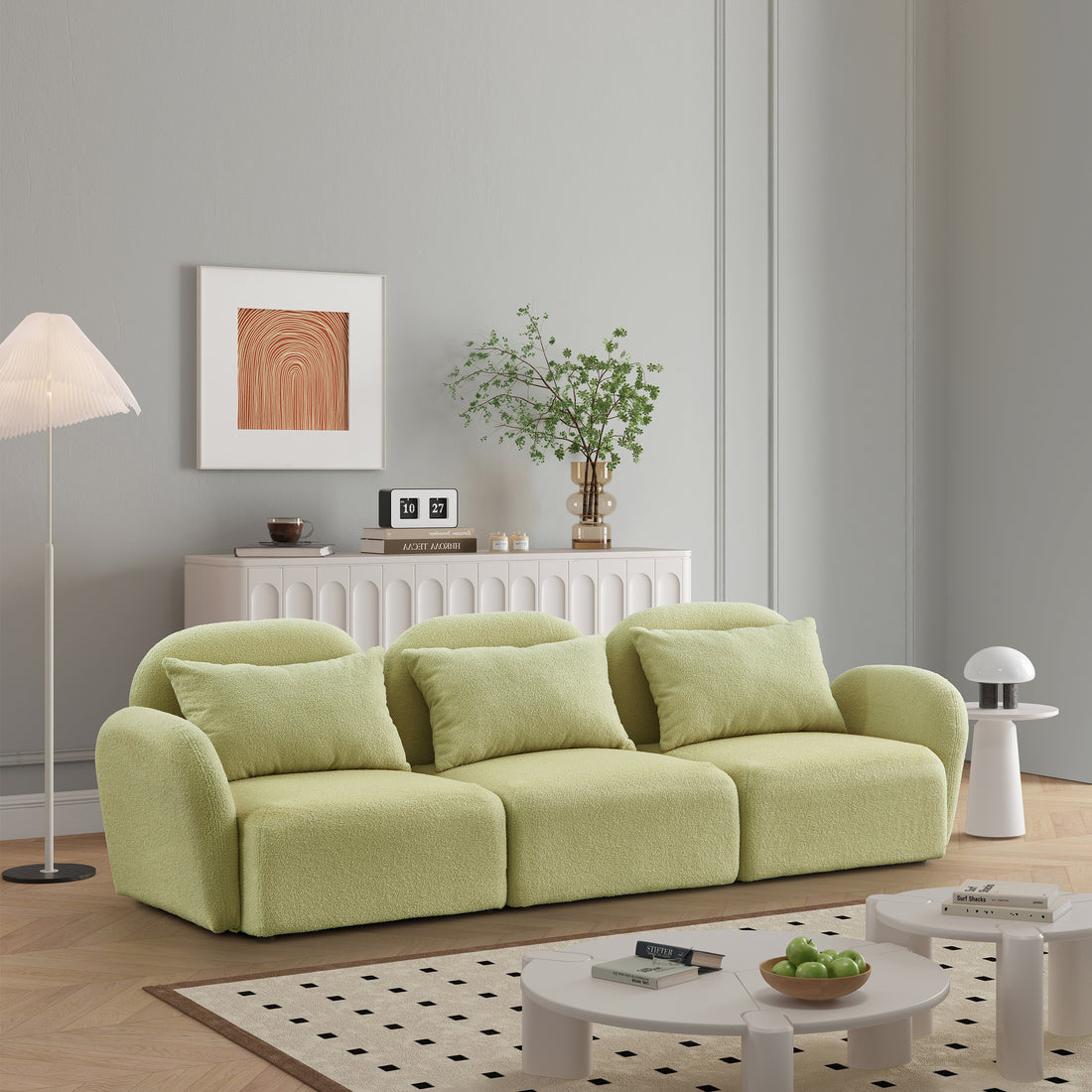 Living Room Furniture Three Seat Lazy Sofa Teddy Fabric Light Green Light Green Foam Teddy