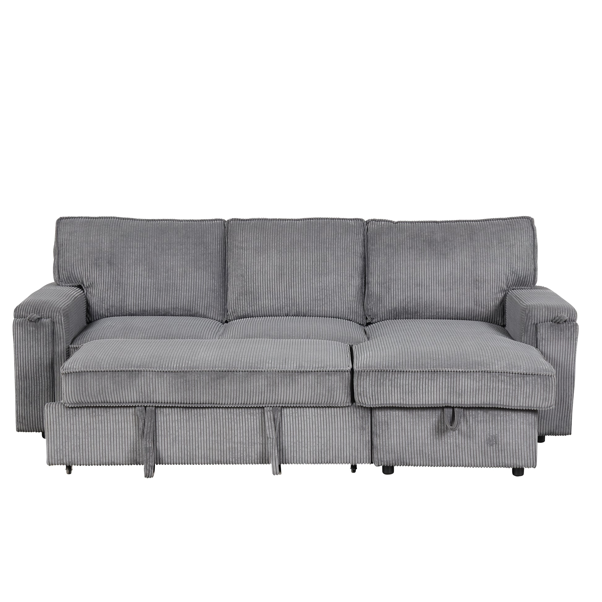 Upholstery Sleeper Sectional Sofa With Storage Bags And 2 Cup Holders On Arms Gray Wood Cushion Back Square Arms Polyester 3 Seat
