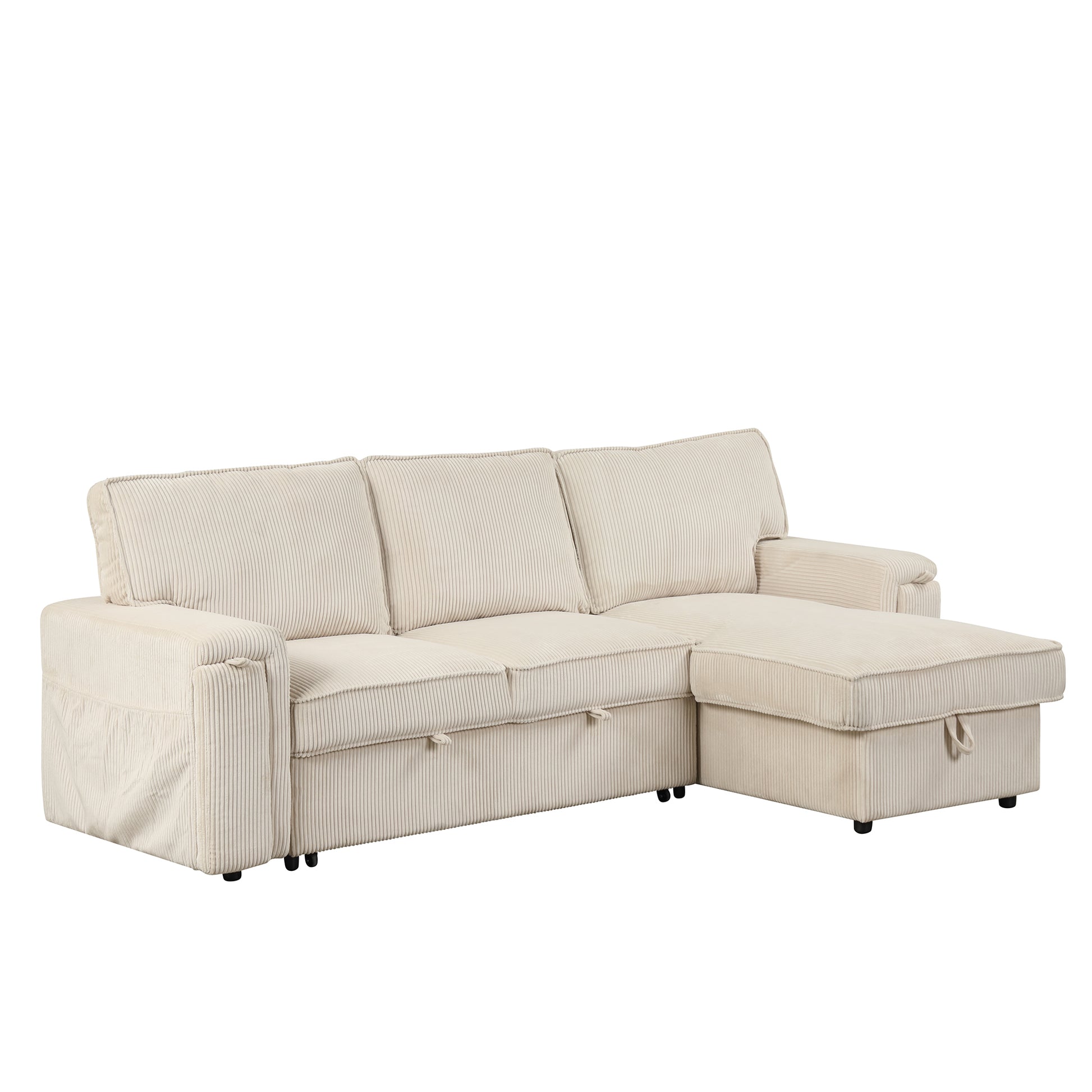 Upholstery Sleeper Sectional Sofa With Storage Bags And 2 Cup Holders On Arms Beige Wood Cushion Back Square Arms Polyester 3 Seat