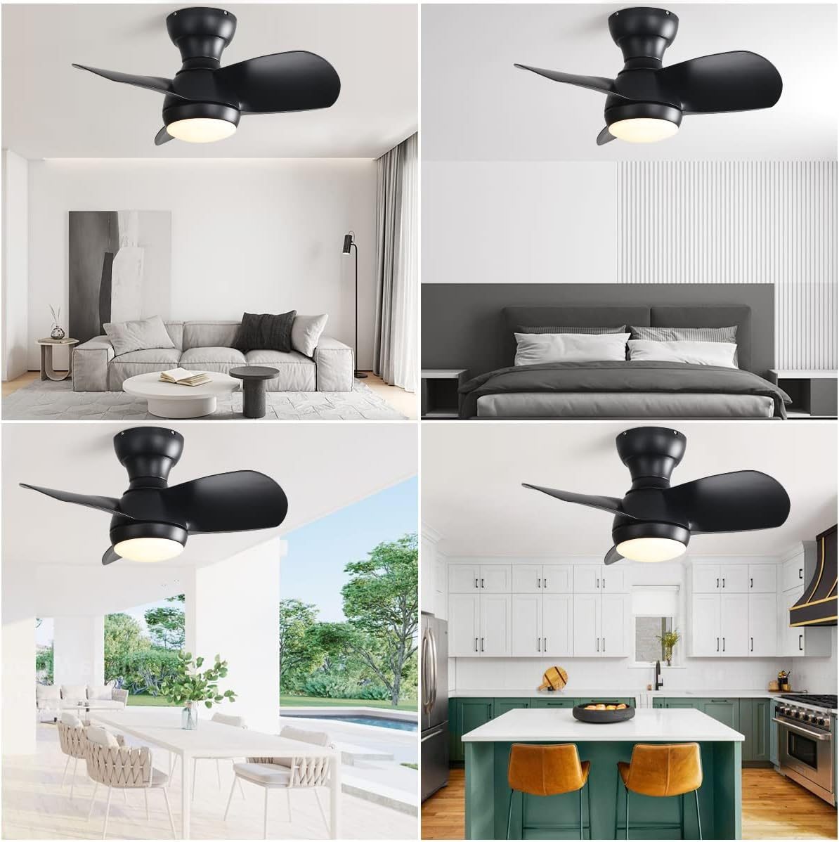 23 Inch Bedroom With 3 Color Dimmable 3 Abs Blades Remote Control Dc Motor Black With 18W Led Light Black Abs