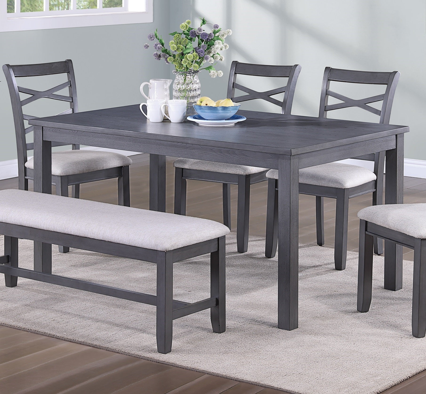 Dining Room Furniture Modern 6Pcs Set Dining Table 4X Side Chairs And A Bench Rubberwood Unique Design Back Chair Wooden Top Gray Wood Dining Room Bench Seating Birch Rectangular Dining Table With Chair And Bench Wood Wood Grey Mix Seats 6 60 Inches