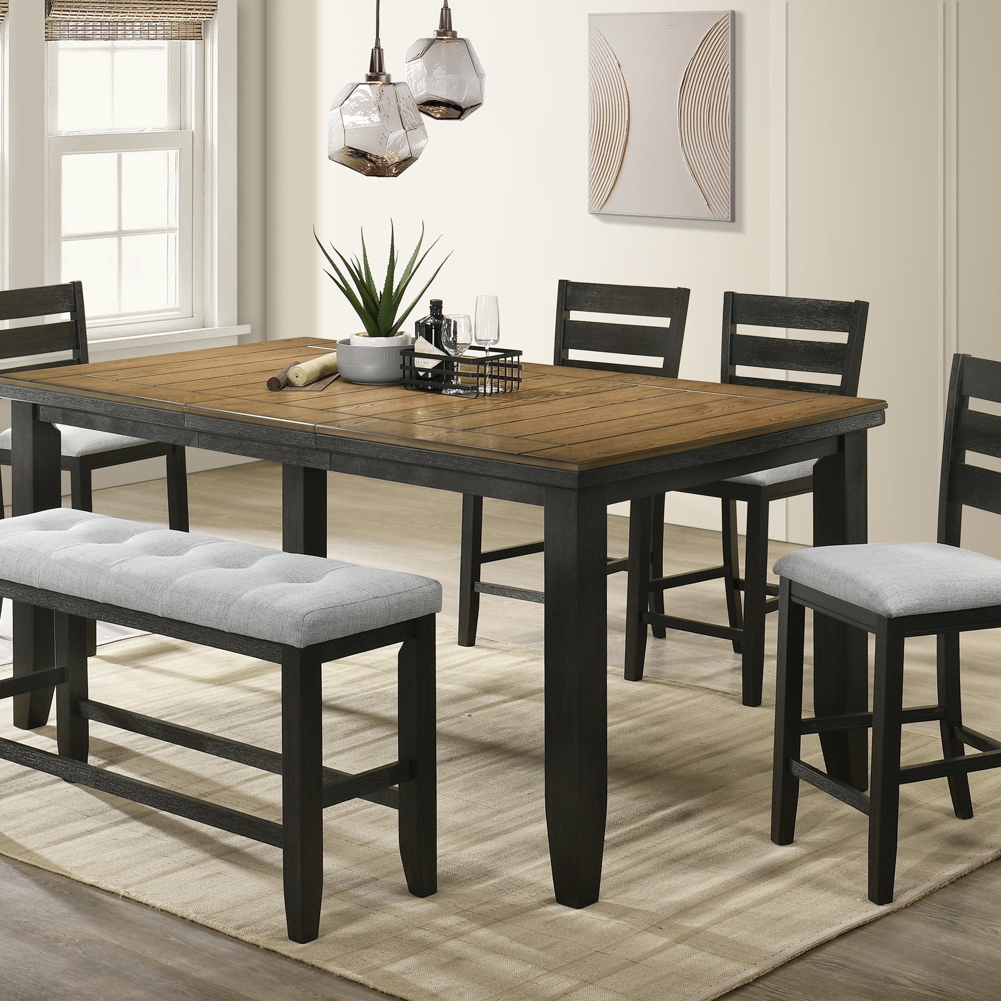 Contemporary 6Pc Counter Height Dining Set 18" Extendable Leaf Table Gray Fabric Upholstered Chair Bench Seats Wheat Charcoal Finish Wooden Solid Wood Dining Room Wooden Furniture Wood Wood Charcoal Ladder Back Seats 6 Wood Dining Room Extendable Modern