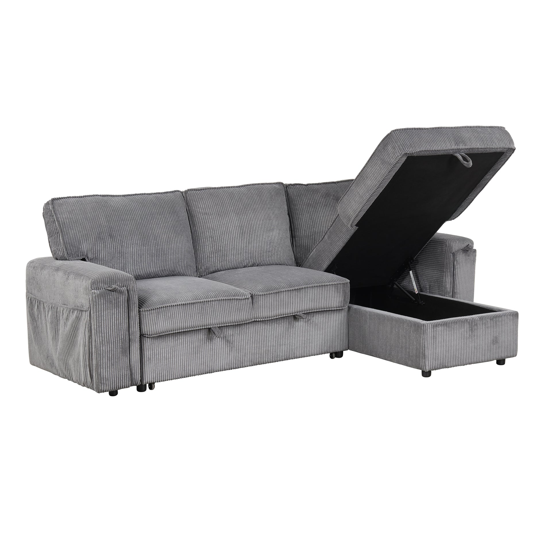 Upholstery Sleeper Sectional Sofa With Storage Bags And 2 Cup Holders On Arms Gray Wood Cushion Back Square Arms Polyester 3 Seat