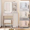 Right Cabinet Desktop Vanity Table Cushioned Stool, Extra Large Sliding Led Mirror, Touch Control, 3 Color, Brightness Adjustable, Large Desktop, Right Cabinet, High Capacity Multi Layer Storage White Oak Mdf
