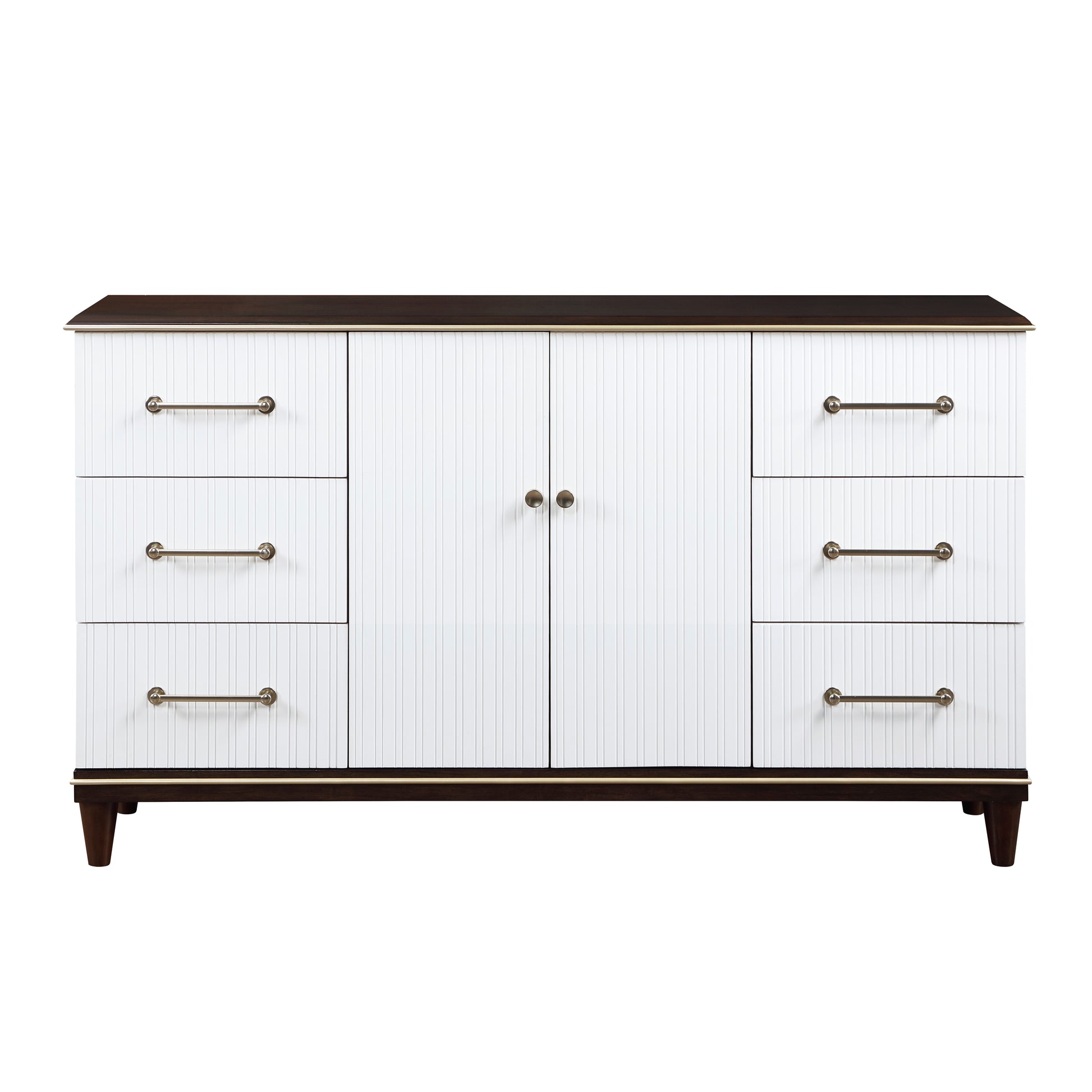 Contemporary White And Cherry Finish 1Pc Dresser Of 6X Drawers 2X Shelves Modern Bedroom Furniture 2 Tone Finish With Gold Trim Multi Bedroom Contemporary,Modern Wood