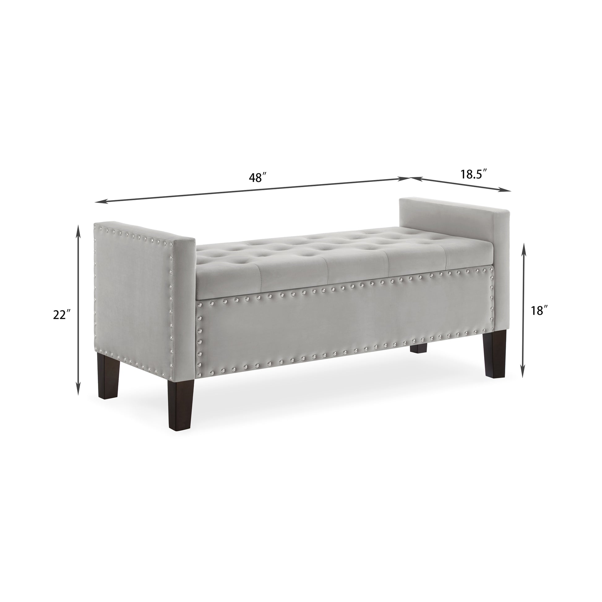 Upholstered Tufted Button Storage Bench With Nails Trim,Entryway Living Room Soft Padded Seat With Armrest,Bed Bench Gray Armrest Gray Espresso Primary Living Space Velvet Solid American Design Rubberwood Wood Internal Storage Foam Velvet