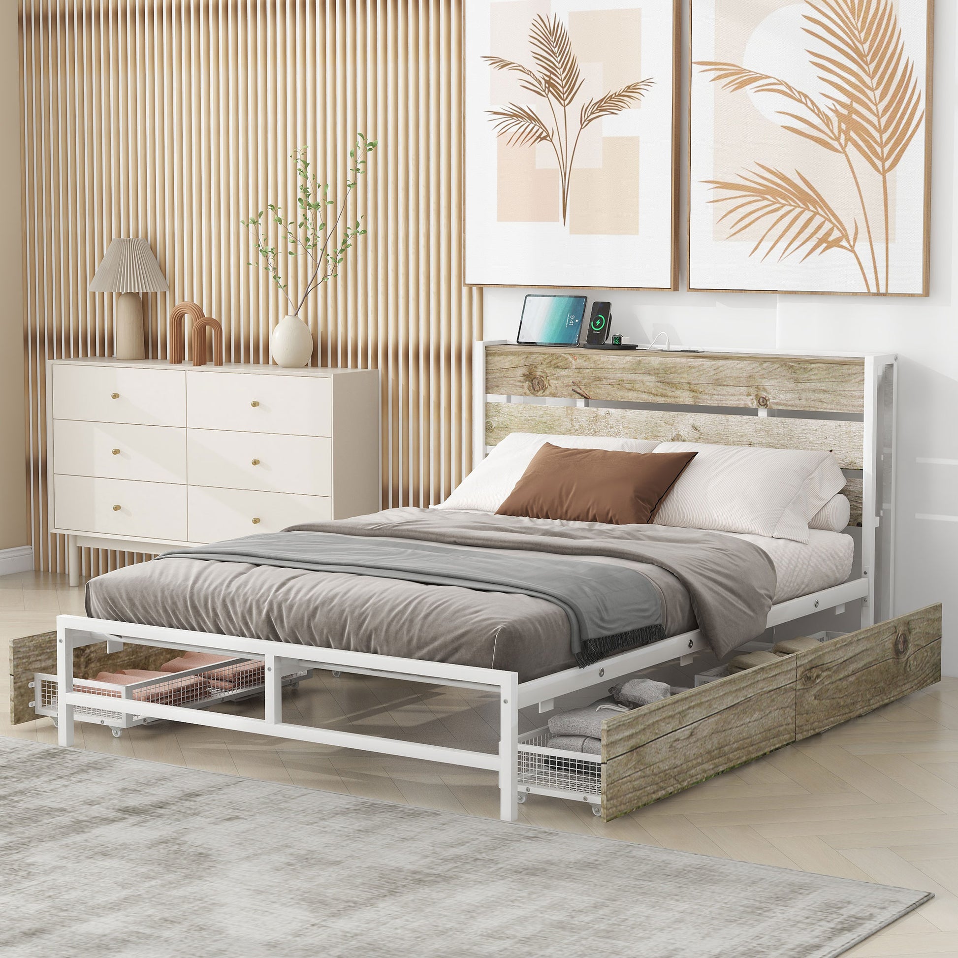 Metal Platform Bed With Four Drawers, Sockets And Usb Ports, Full, White Full White Mdf Metal