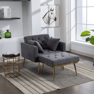 36.61'' Wide Modern Accent Chair With 3 Positions Adjustable Backrest, Tufted Chaise Lounge Chair, Single Recliner Armchair With Ottoman And Gold Legs For Living Room, Bedroom Gray Gray Foam Sherpa
