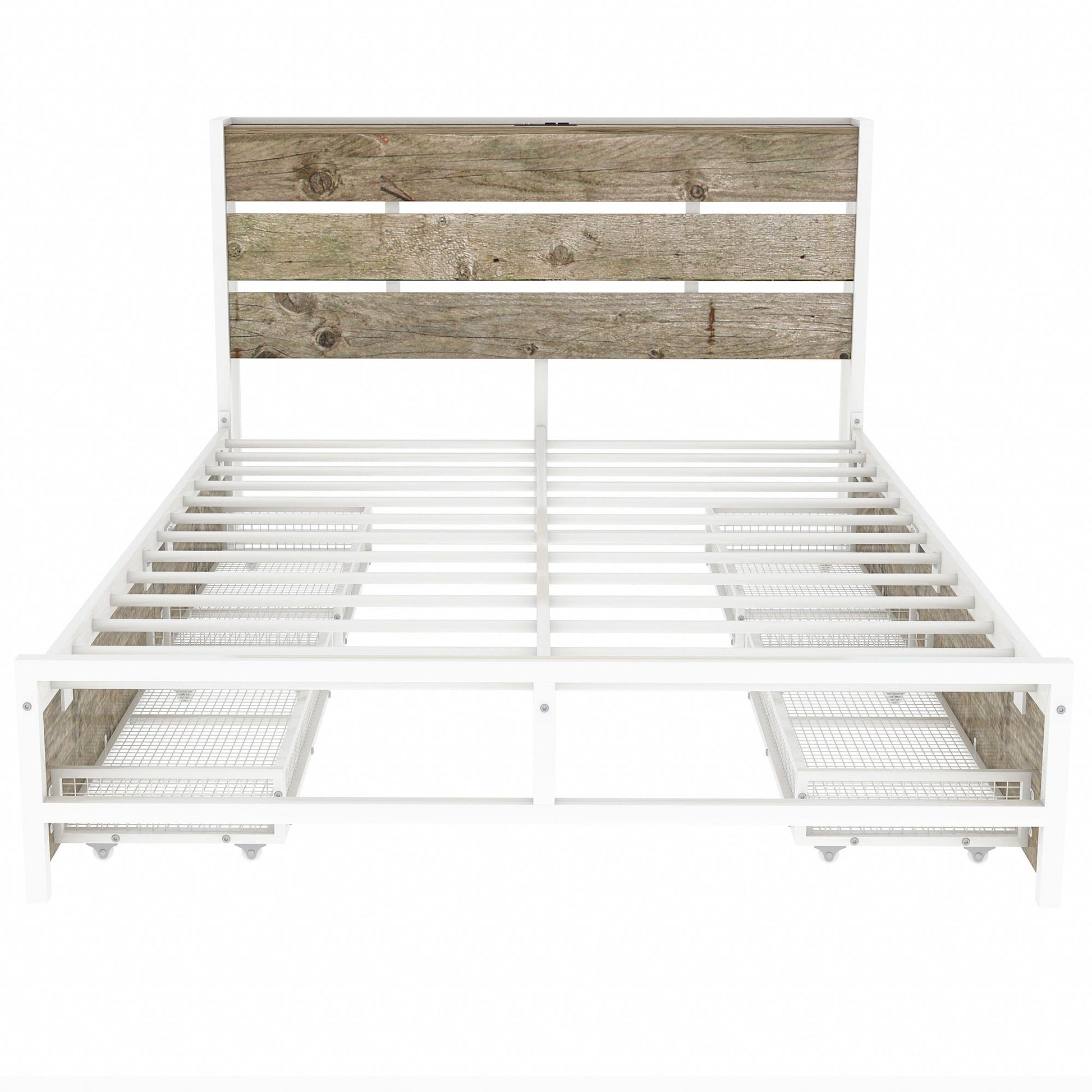 Metal Platform Bed With Four Drawers, Sockets And Usb Ports, Full, White Full White Mdf Metal
