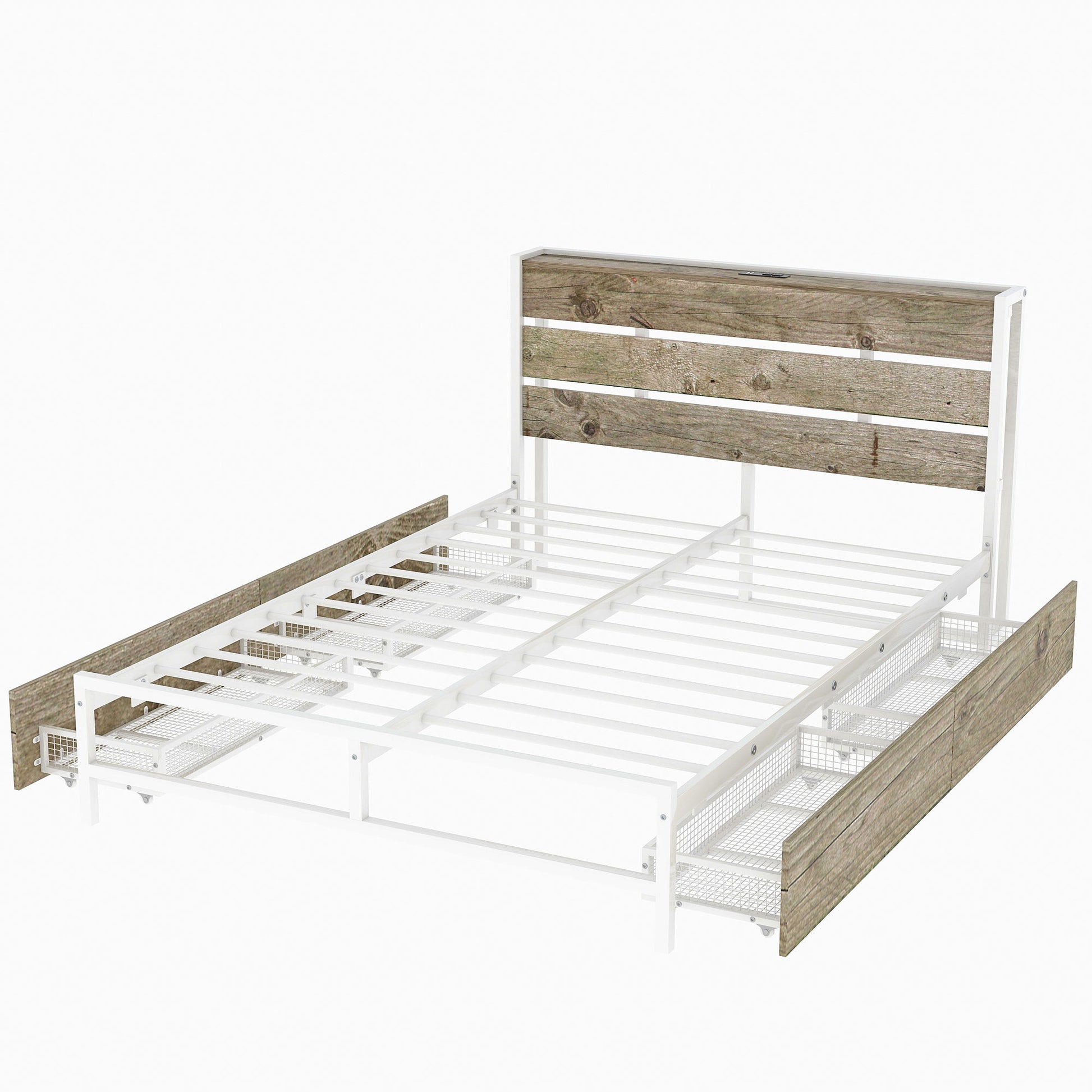 Metal Platform Bed With Four Drawers, Sockets And Usb Ports, Full, White Full White Mdf Metal