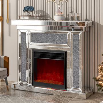 Mirrored Electric Fireplace 7 Colors Adjustable 3D Flame With Mantel, Remote Control, Silver Silver Mdf Glass