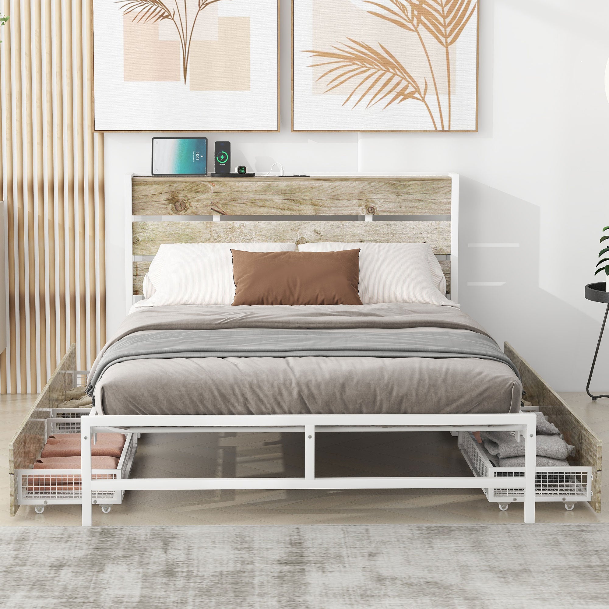 Metal Platform Bed With Four Drawers, Sockets And Usb Ports, Full, White Full White Mdf Metal