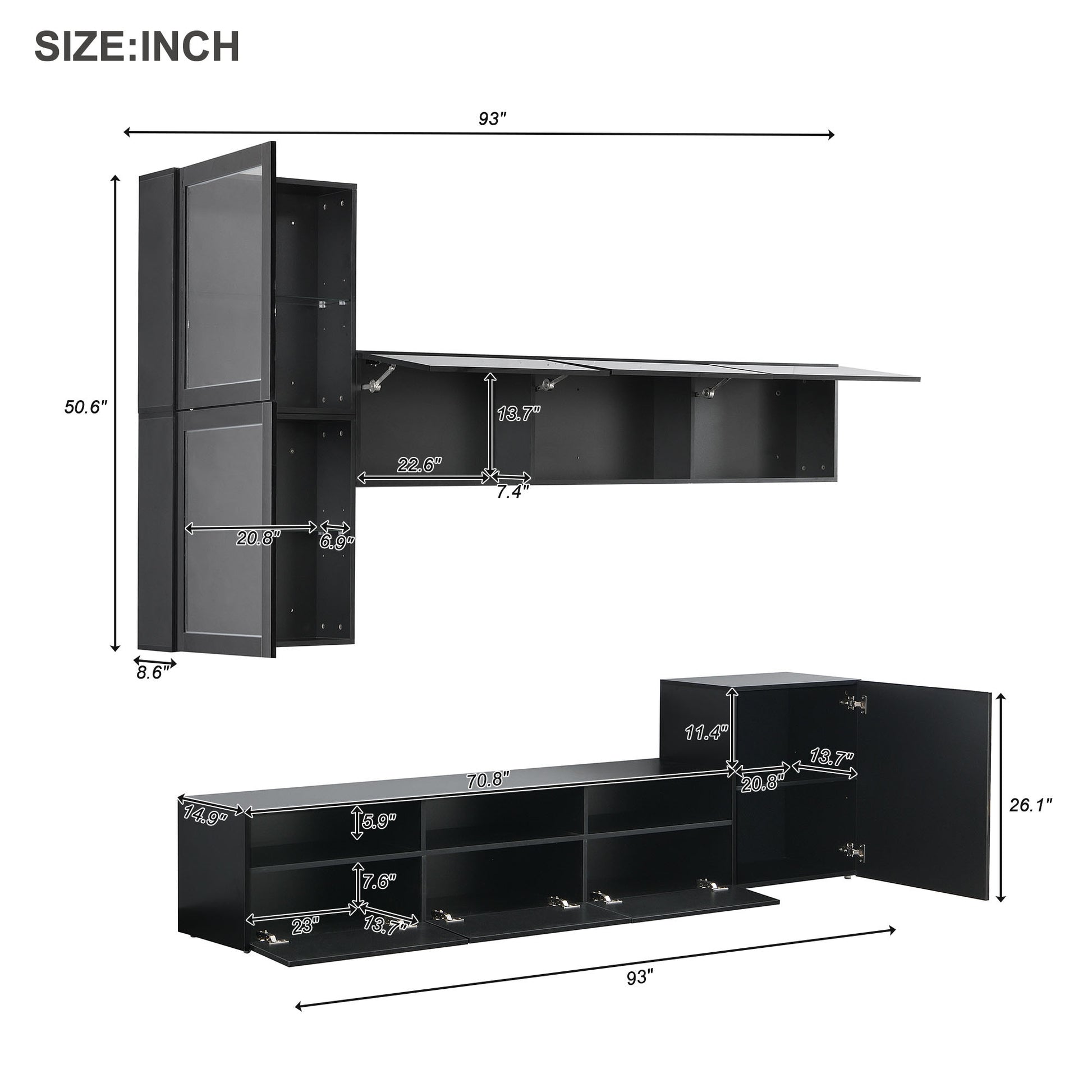 High Gloss Tv Stand With Large Storage Space, Media Console For Tvs Up To 78", Versatile Entertainment Center With Wall Mounted Floating Storage Cabinets For Living Room, Black Black Primary Living Space 70 79 Inches 70 79 Inches Mdf