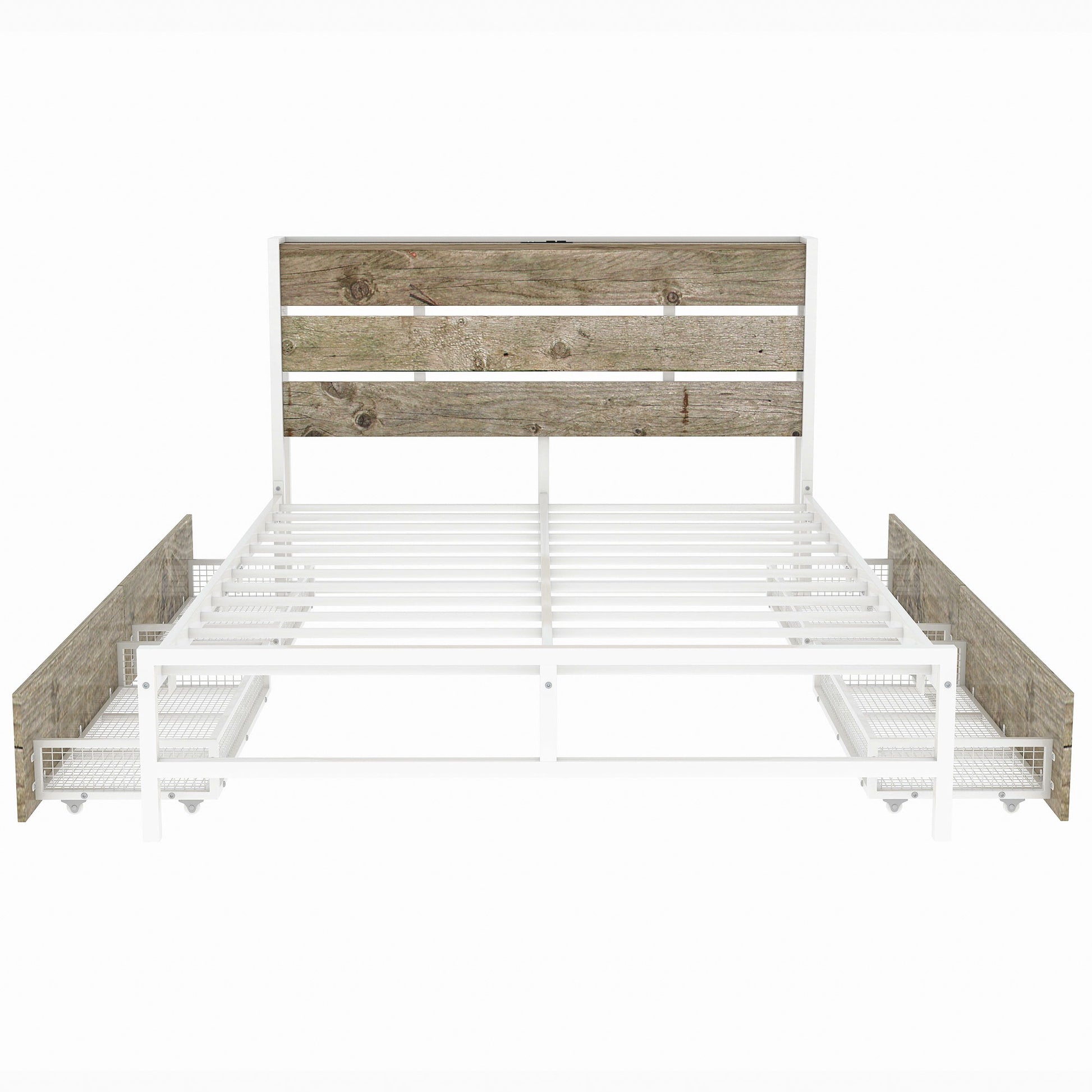 Metal Platform Bed With Four Drawers, Sockets And Usb Ports, Full, White Full White Mdf Metal