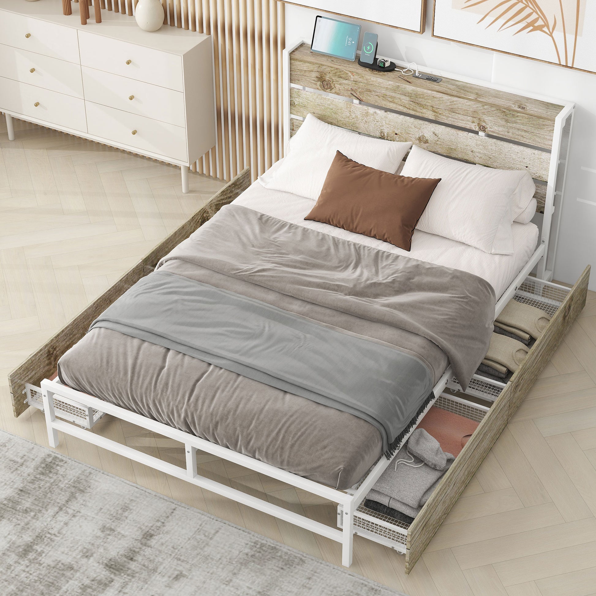 Metal Platform Bed With Four Drawers, Sockets And Usb Ports, Full, White Full White Mdf Metal