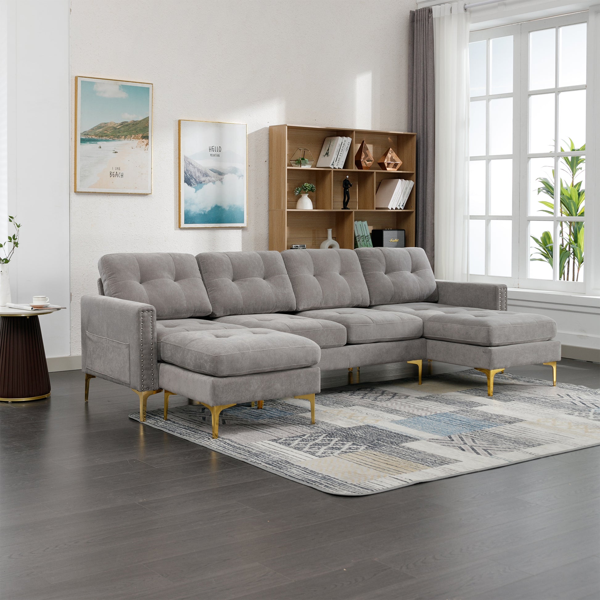 110" L Shape Convertible Sectional Sofa Couch With Movable Ottoman For Living Room, Apartment, Office, Light Grey Light Grey Foam Velvet 4 Seat