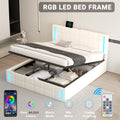 Queen Size Upholstered Bed With Led Lights,Hydraulic Storage System And Usb Charging Station,White White Pu