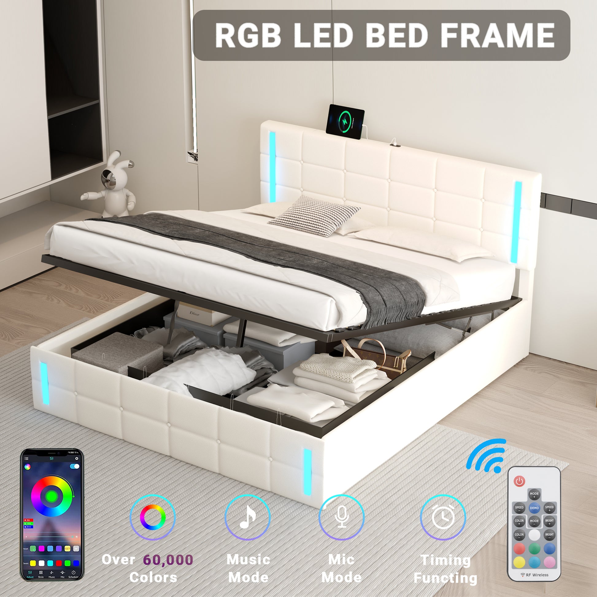 Queen Size Upholstered Bed With Led Lights,Hydraulic Storage System And Usb Charging Station,White White Pu