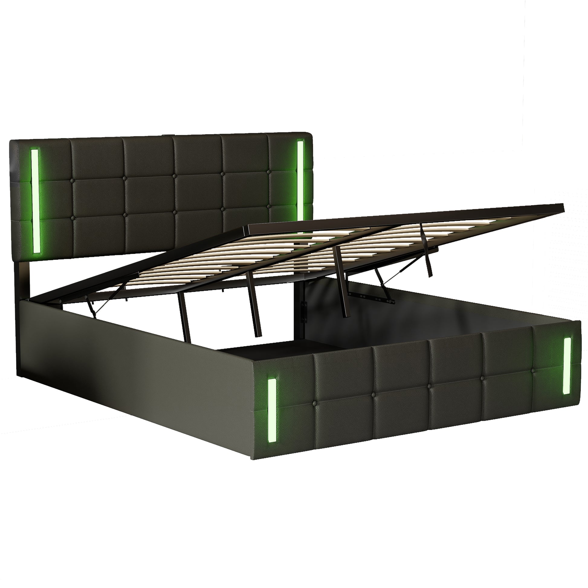 Full Size Upholstered Bed With Led Lights,Hydraulic Storage System And Usb Charging Station,Black Black Pu