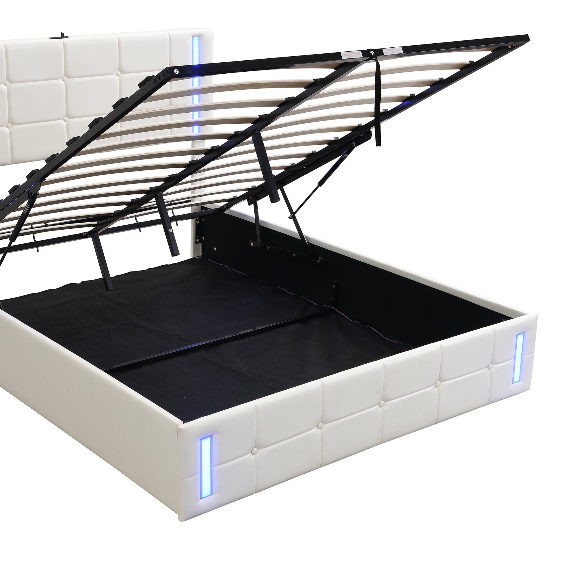 Full Size Upholstered Bed With Led Lights,Hydraulic Storage System And Usb Charging Station,White White Pu