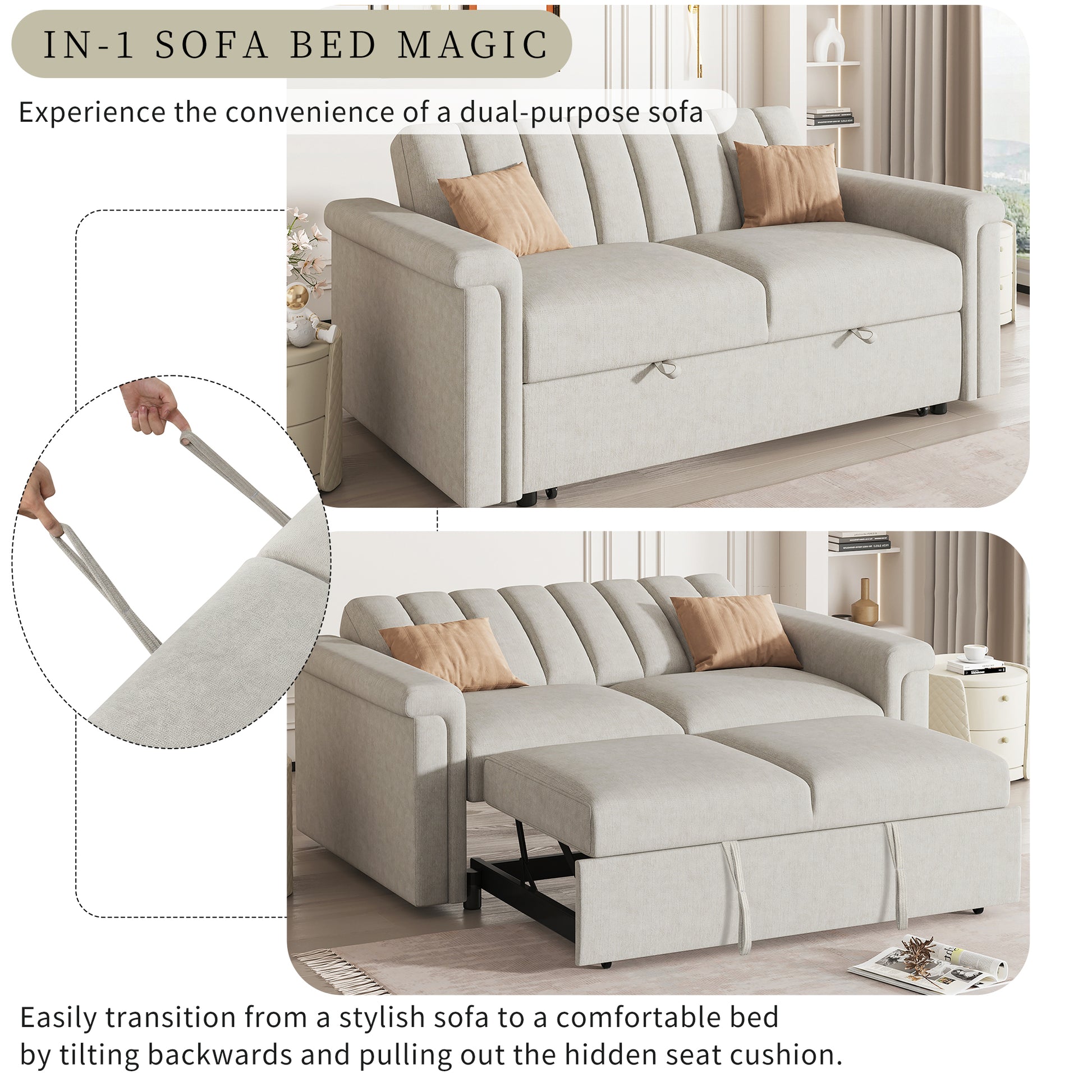 Convertible Soft Cushion Sofa Pull Bed ,For Two People To Sit On Beige Polyester