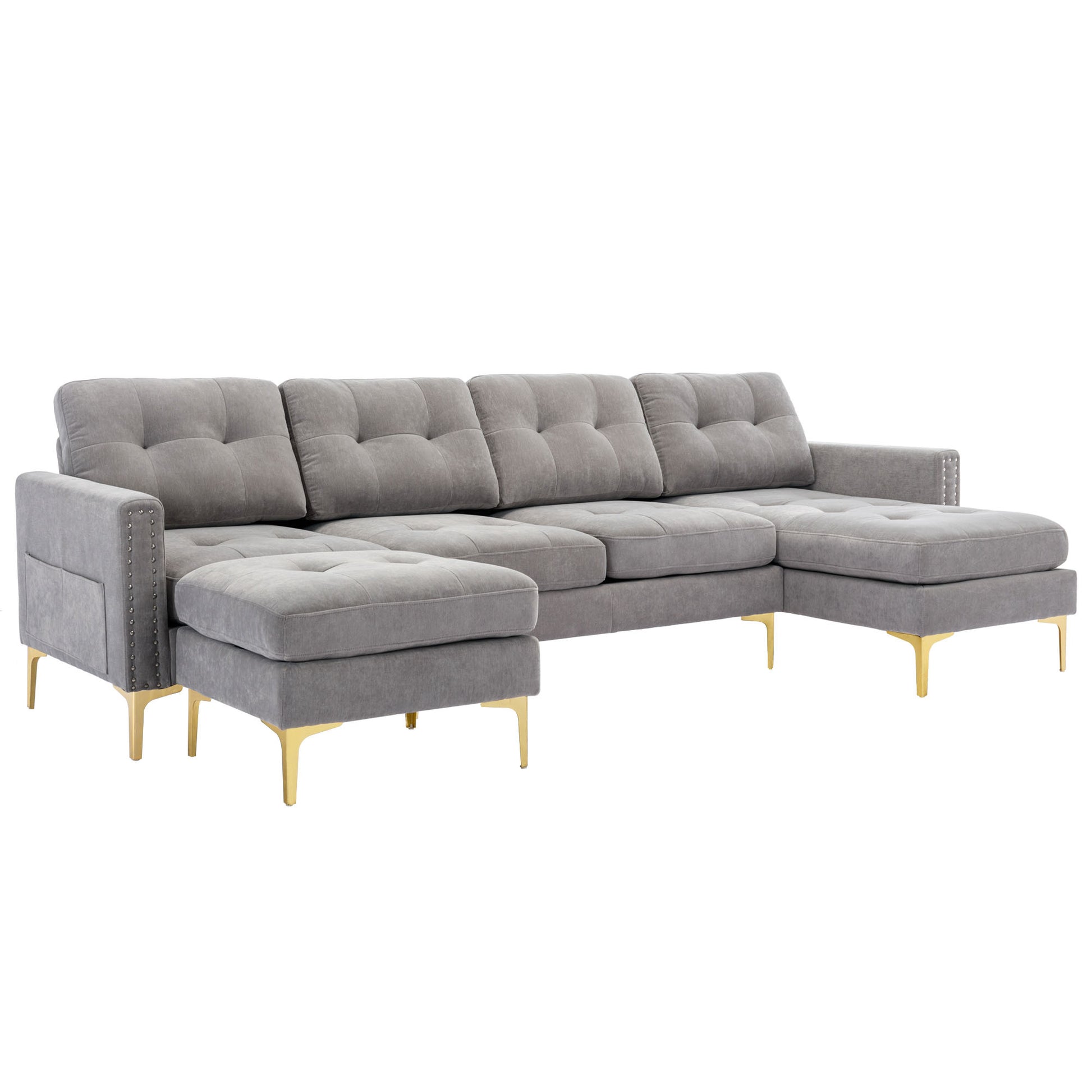 110" L Shape Convertible Sectional Sofa Couch With Movable Ottoman For Living Room, Apartment, Office, Light Grey Light Grey Foam Velvet 4 Seat