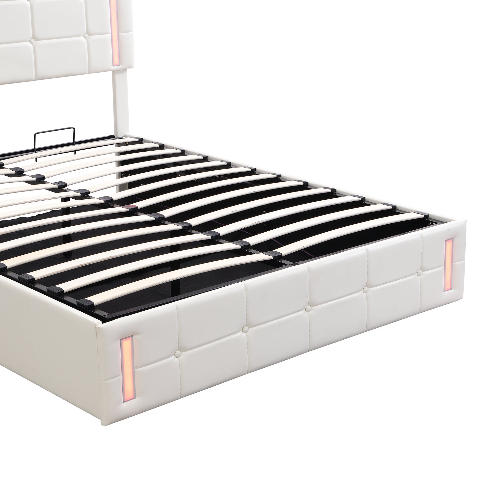 Queen Size Upholstered Bed With Led Lights,Hydraulic Storage System And Usb Charging Station,White White Pu